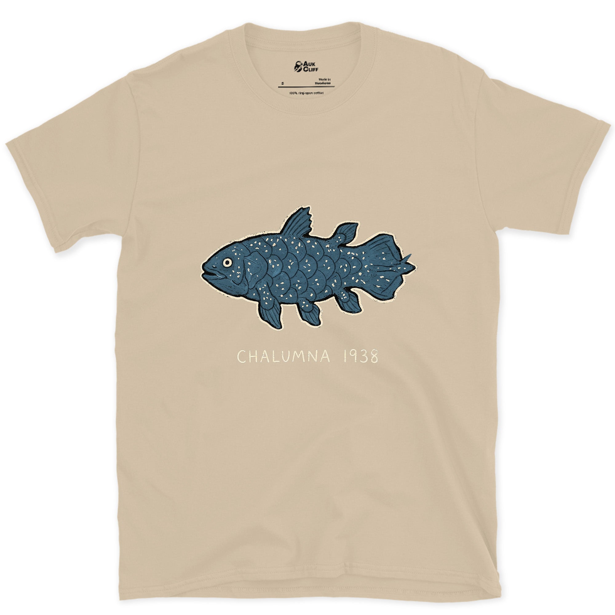 Chalumna 1938, the Coelacanth Turns Up design on a Sand Gildan Softstyle t-shirt