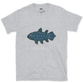 Chalumna 1938, the Coelacanth Turns Up design on a Sport Grey Gildan Softstyle t-shirt