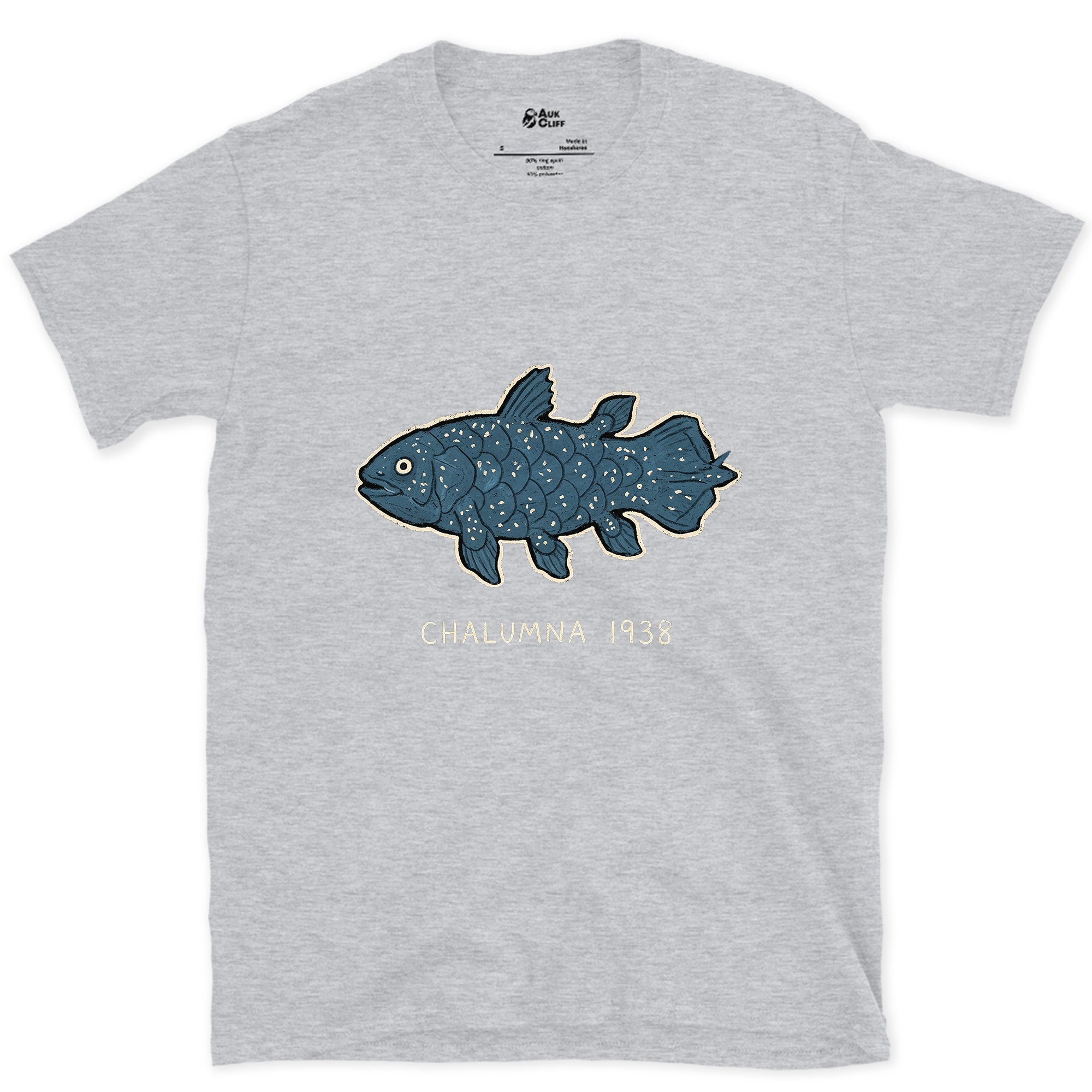 Chalumna 1938, the Coelacanth Turns Up design on a Sport Grey Gildan Softstyle t-shirt