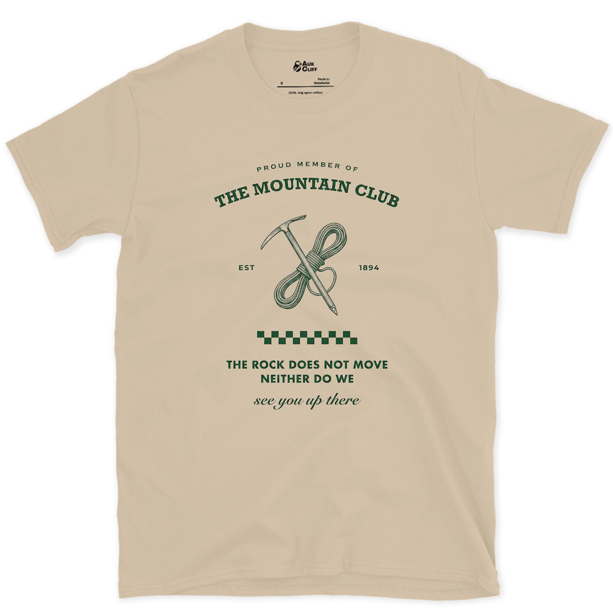 The Mountain Rock Does Not Move, Neither Do We design on a Sand Gildan Softstyle t-shirt