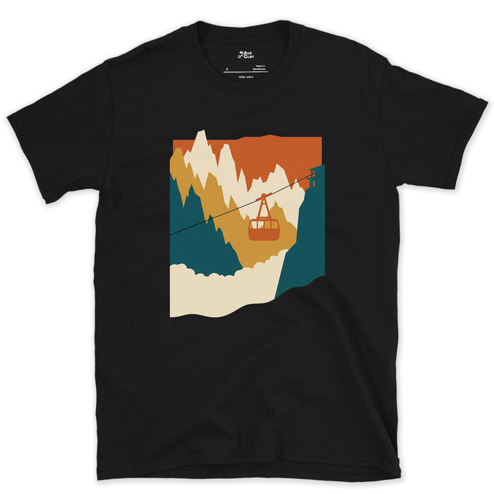 Just the Drop Below, Cable Car Over a Gorge design on a Black Gildan Softstyle t-shirt