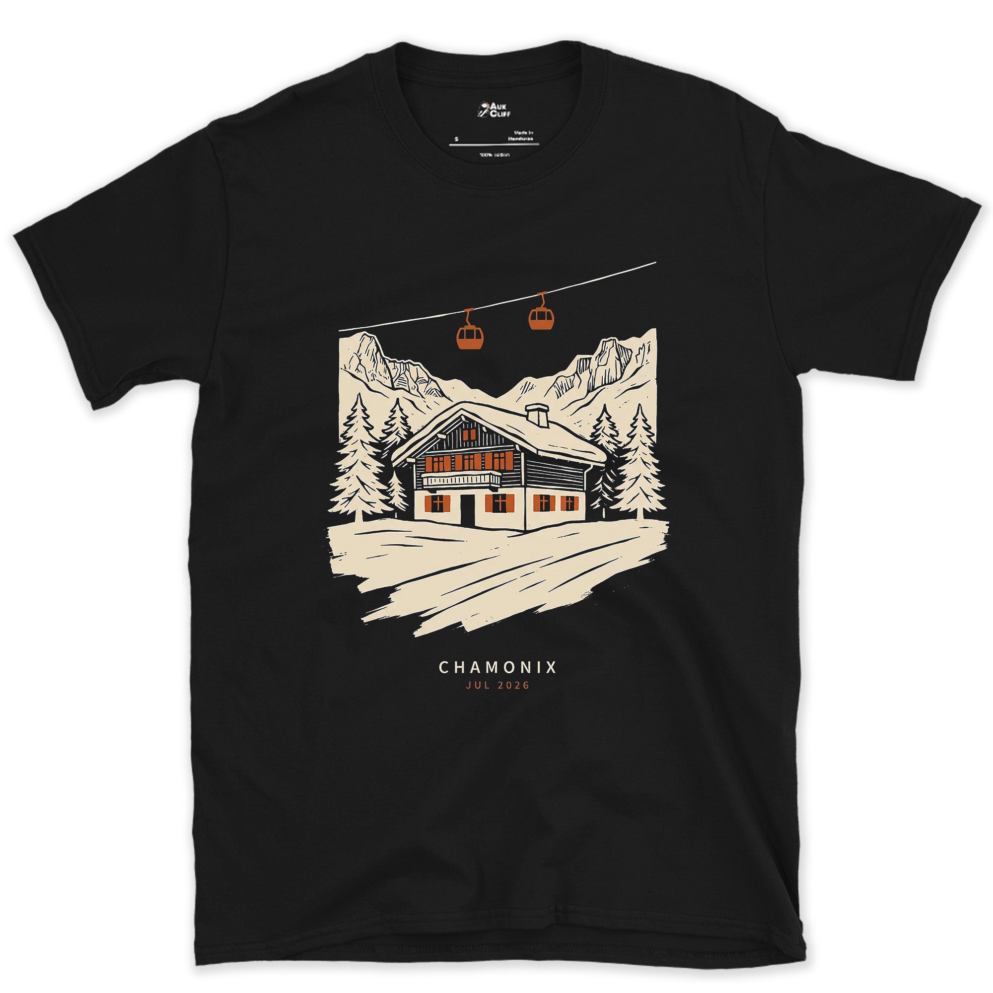 Chamonix, Chalet Waiting Under the Gondola design on a Black Gildan Softstyle t-shirt
