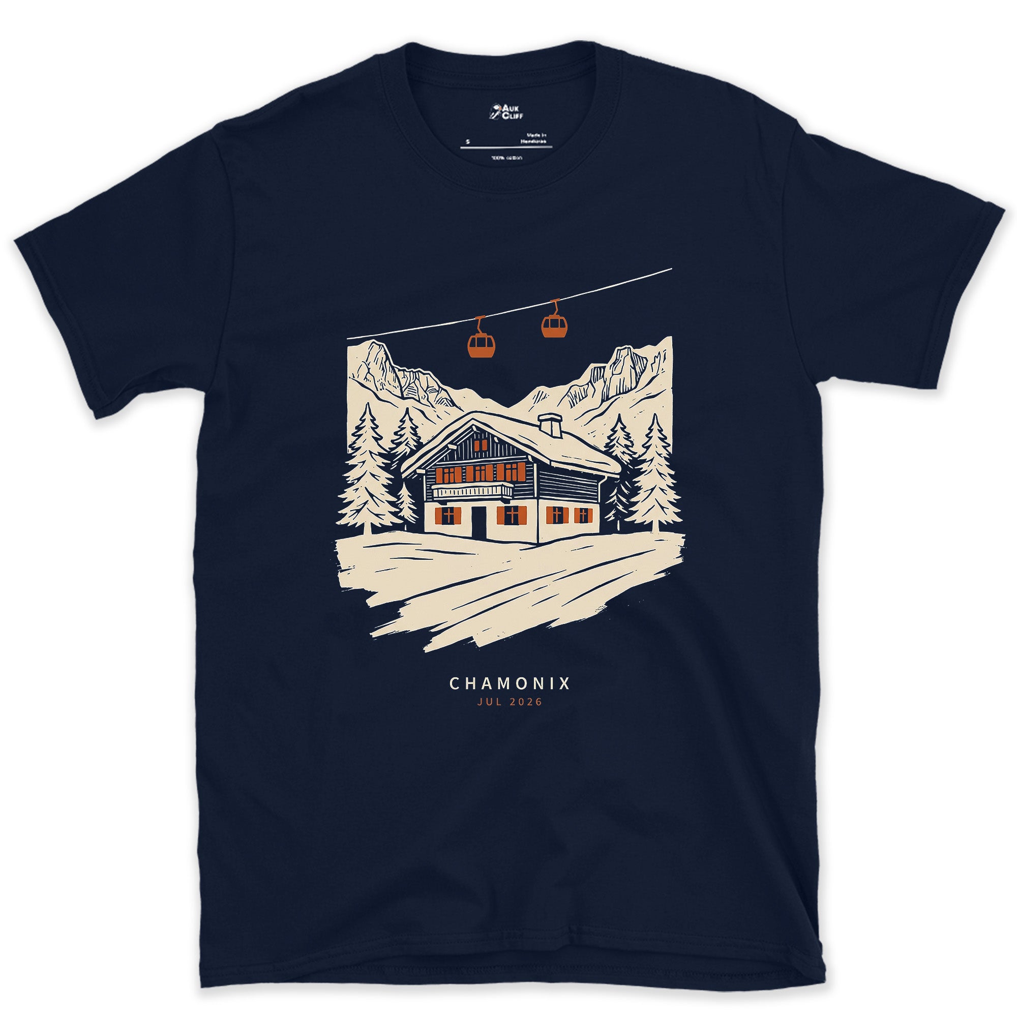 Chamonix, Chalet Waiting Under the Gondola design on a Navy Gildan Softstyle t-shirt