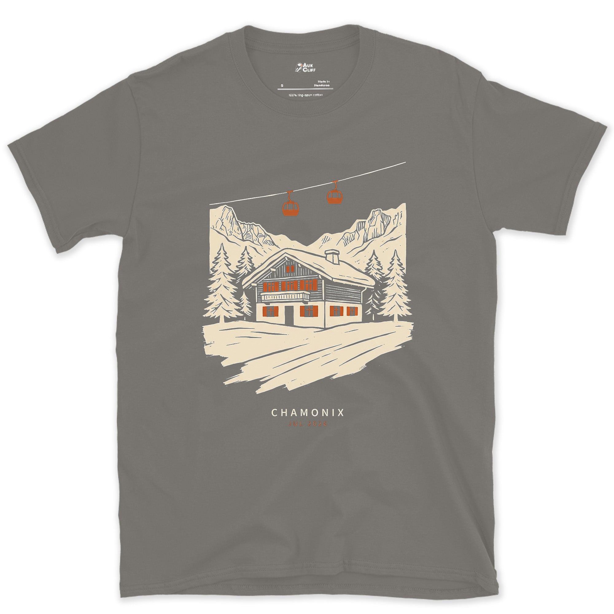 Chamonix, Chalet Waiting Under the Gondola design on a Charcoal Gildan Softstyle t-shirt