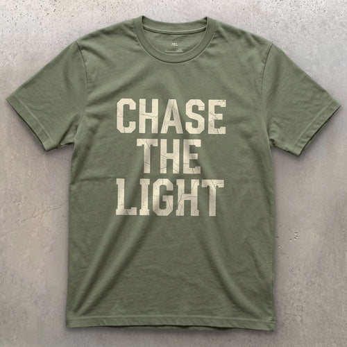 Chase the Light, Every Photographer Does design on a Military Green Gildan Softstyle t-shirt