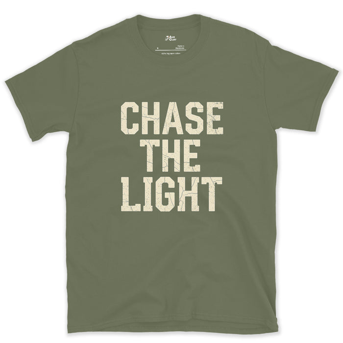 Chase the Light, Every Photographer Does design on a Military Green Gildan Softstyle t-shirt