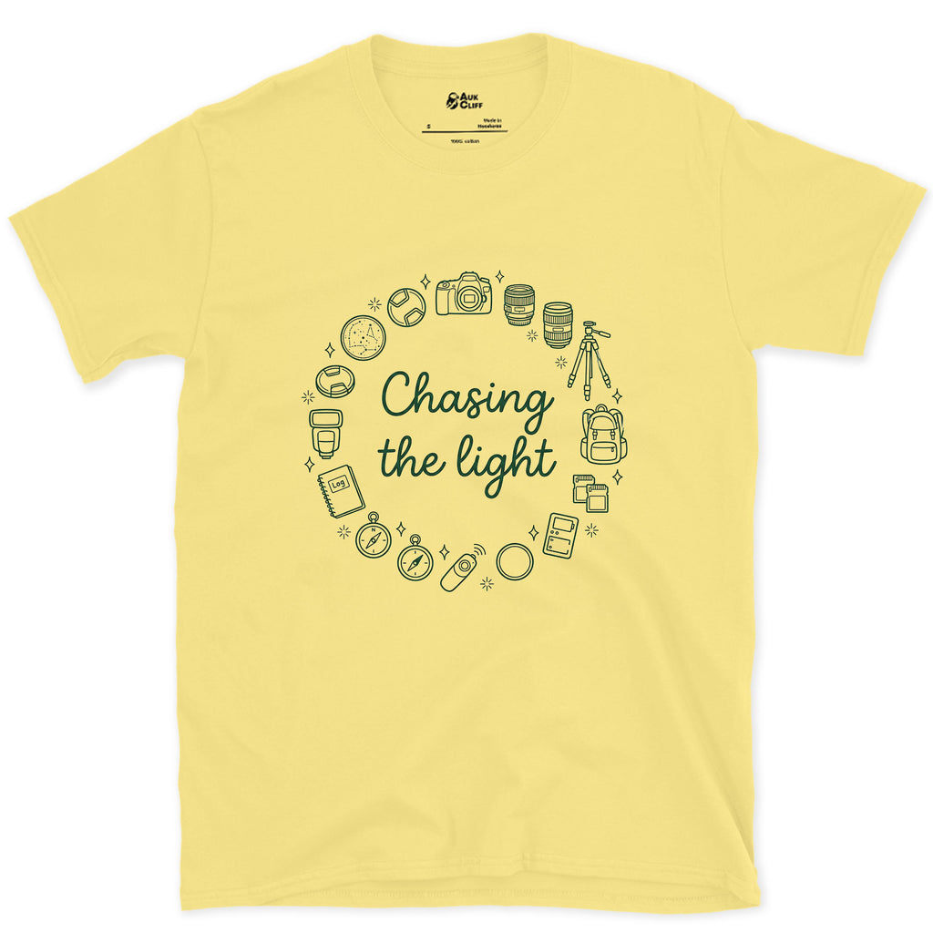 Chasing the Light, Camera Gear Ring design on a Cornsilk Gildan Softstyle t-shirt