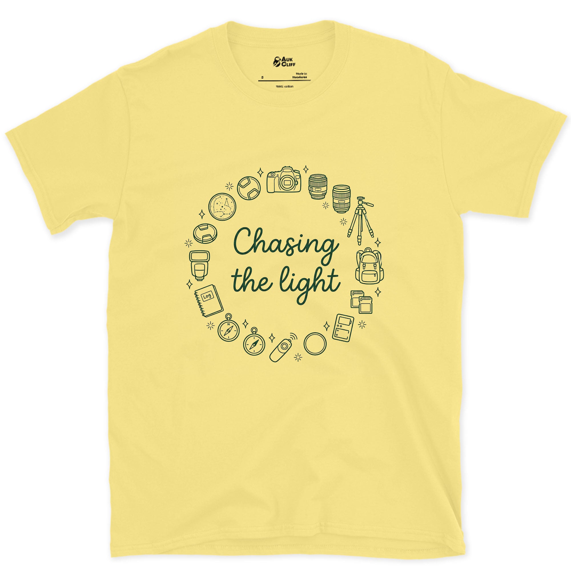 Chasing the Light, Camera Gear Ring design on a Cornsilk Gildan Softstyle t-shirt