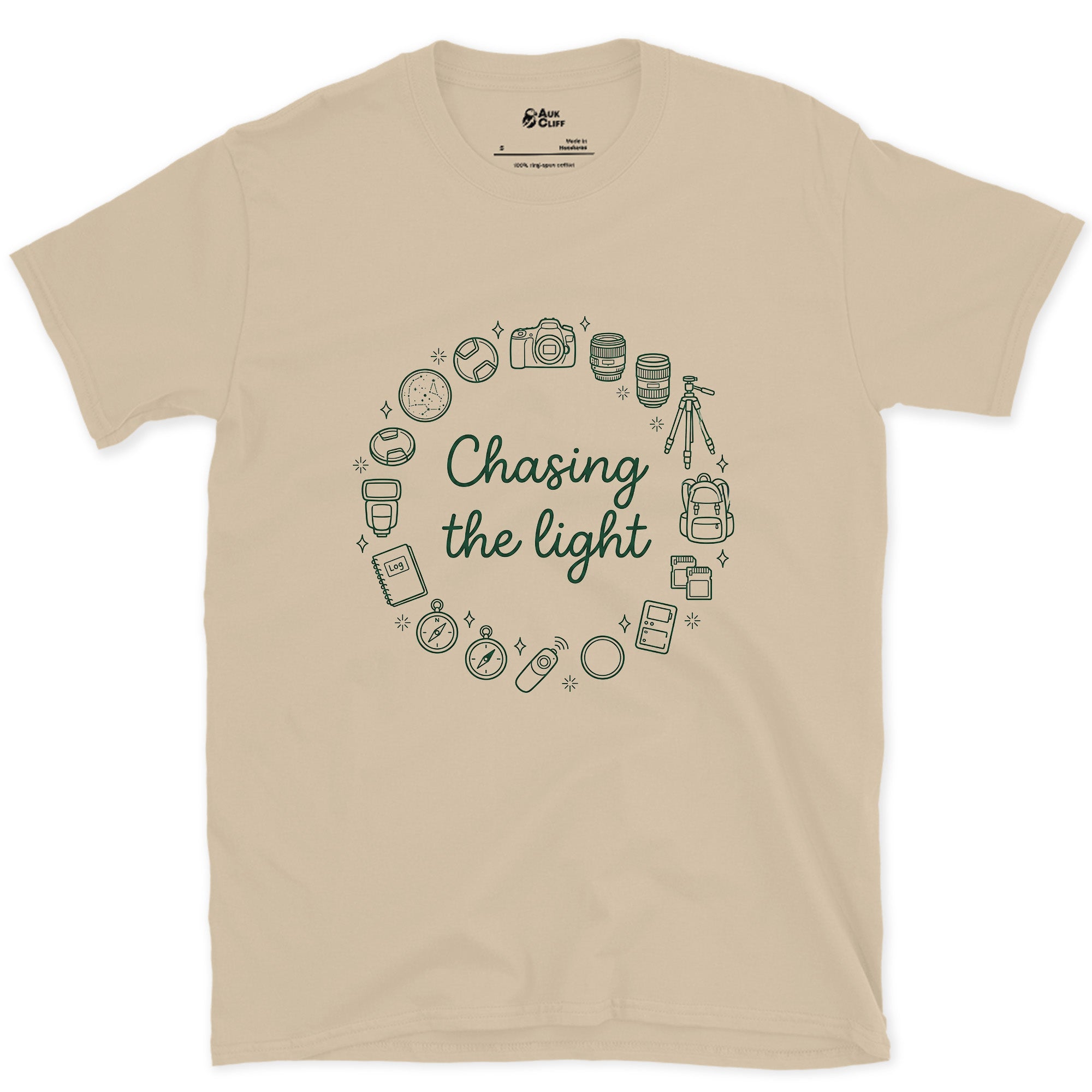 Chasing the Light, Camera Gear Ring design on a Sand Gildan Softstyle t-shirt