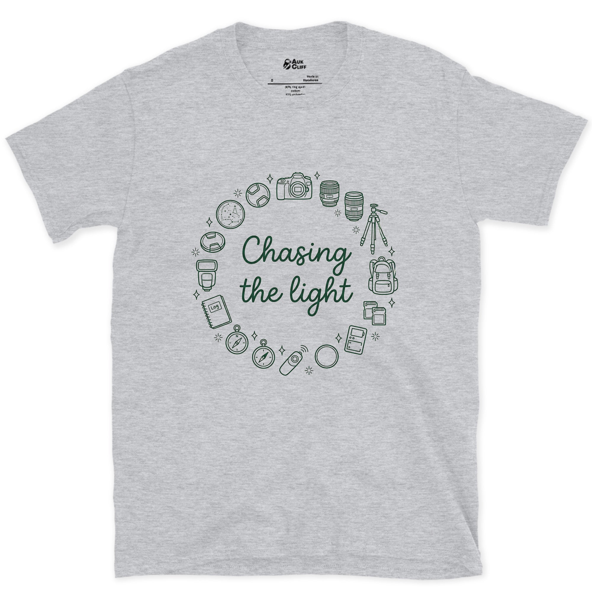 Chasing the Light, Camera Gear Ring design on a Sport Grey Gildan Softstyle t-shirt