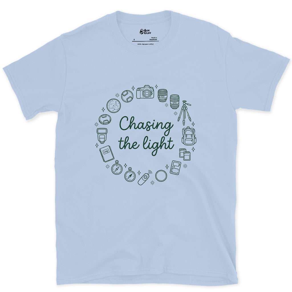Chasing the Light, Camera Gear Ring design on a Light Blue Gildan Softstyle t-shirt
