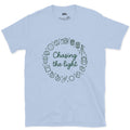 Chasing the Light, Camera Gear Ring design on a Light Blue Gildan Softstyle t-shirt