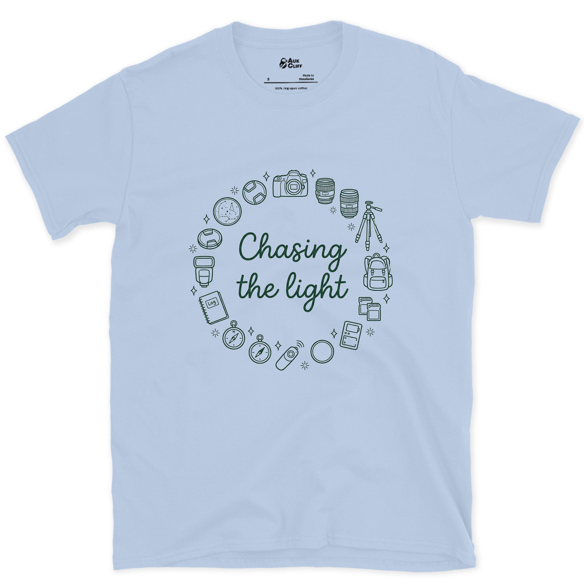 Chasing the Light, Camera Gear Ring design on a Light Blue Gildan Softstyle t-shirt