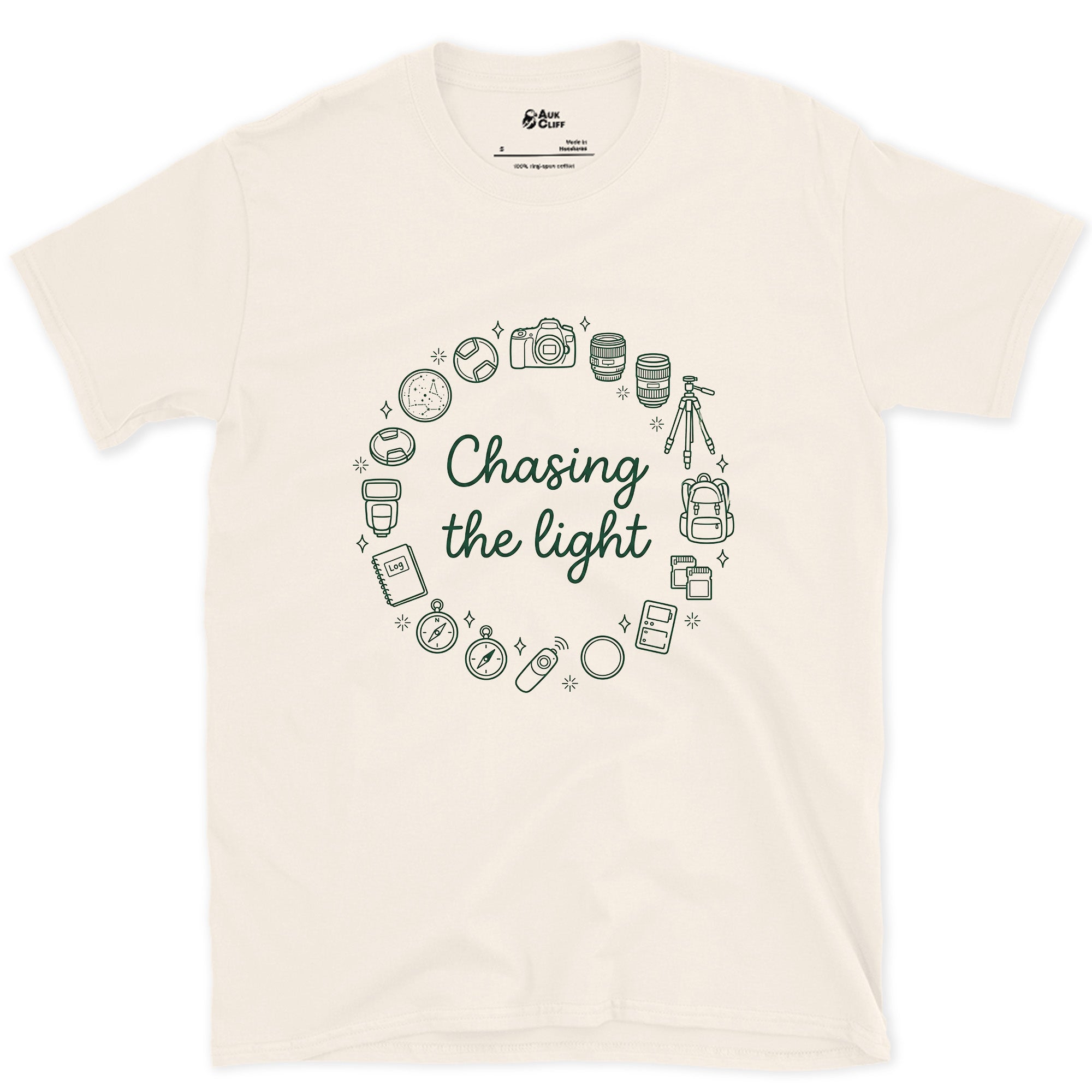 Chasing the Light, Camera Gear Ring design on a Natural Gildan Softstyle t-shirt