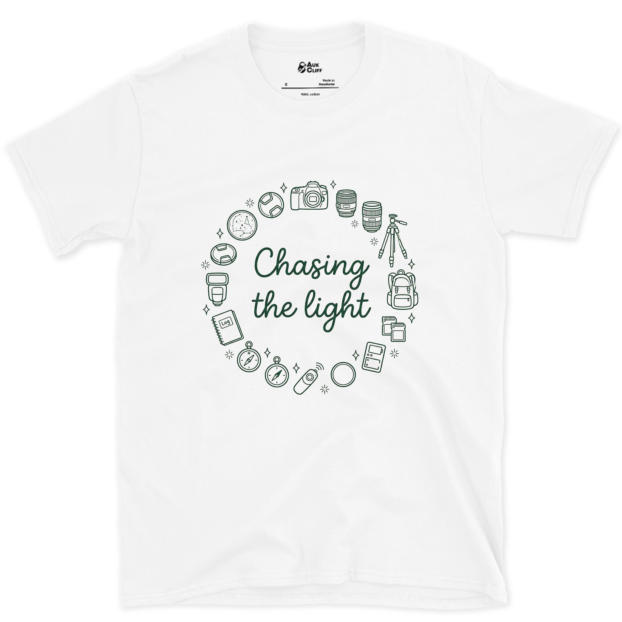 Chasing the Light, Camera Gear Ring design on a White Gildan Softstyle t-shirt