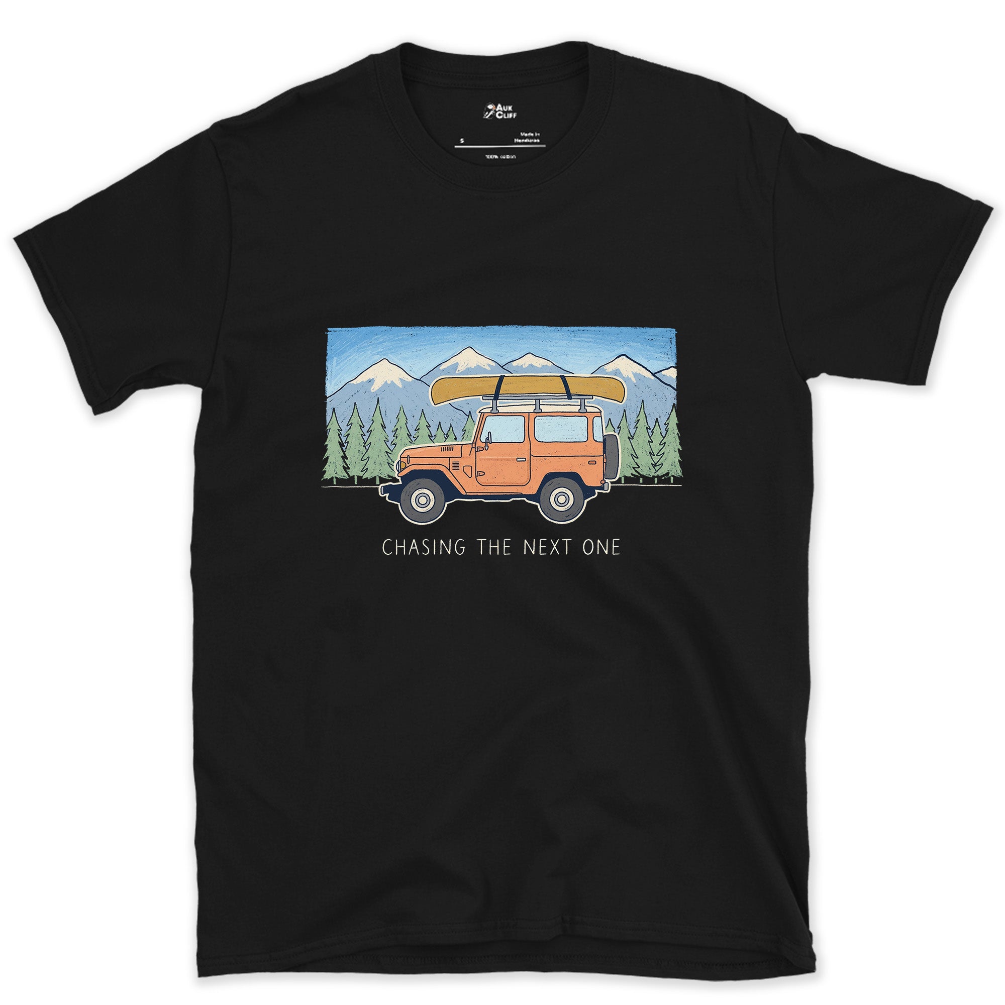 Chasing the Next One, Wagon With Canoe in Tow design on a Black Gildan Softstyle t-shirt