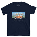 Chasing the Next One, Wagon With Canoe in Tow design on a Navy Gildan Softstyle t-shirt