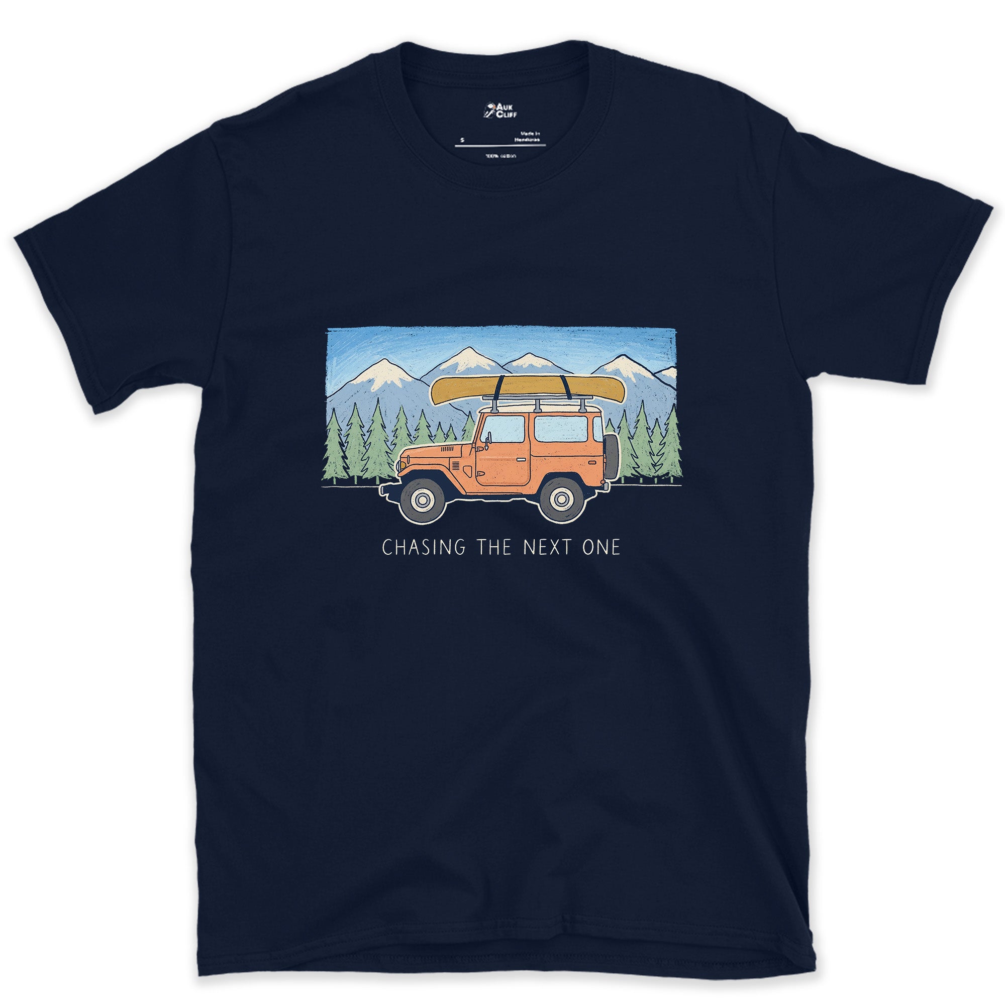 Chasing the Next One, Wagon With Canoe in Tow design on a Navy Gildan Softstyle t-shirt