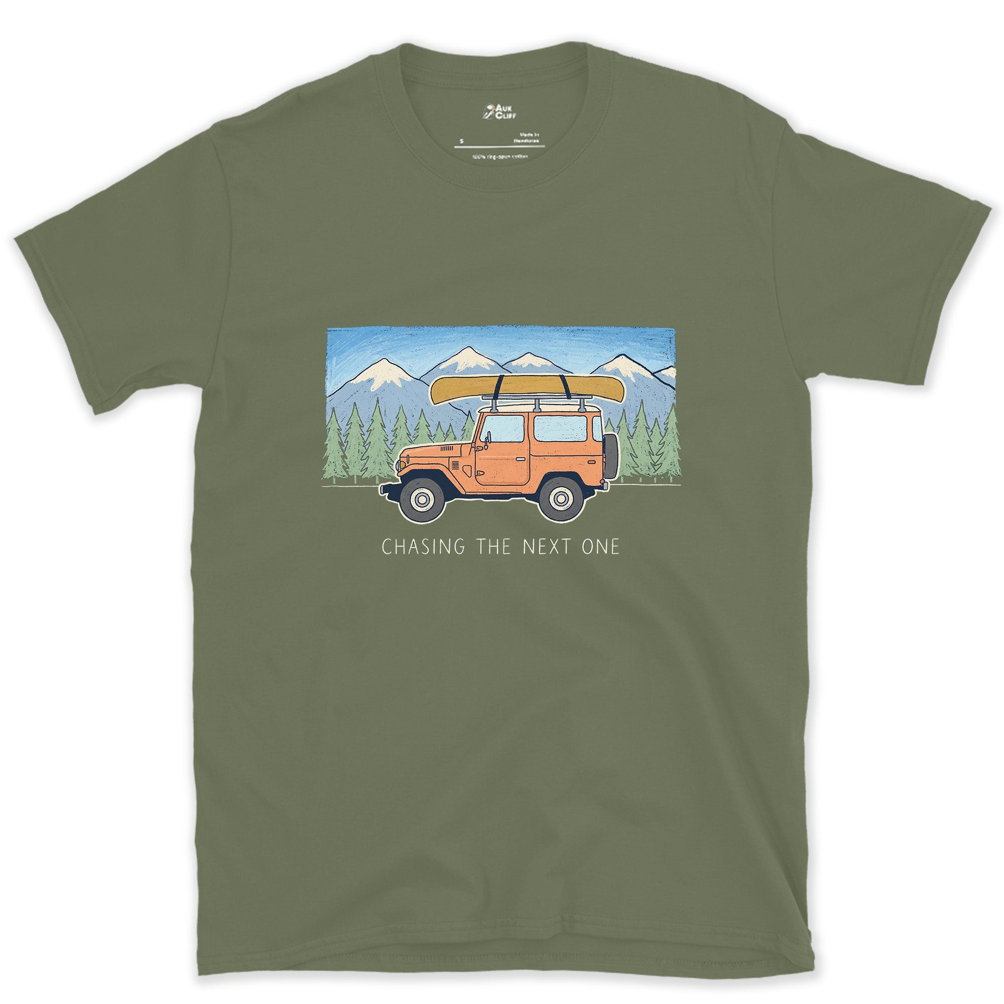 Chasing the Next One, Wagon With Canoe in Tow design on a Military Green Gildan Softstyle t-shirt