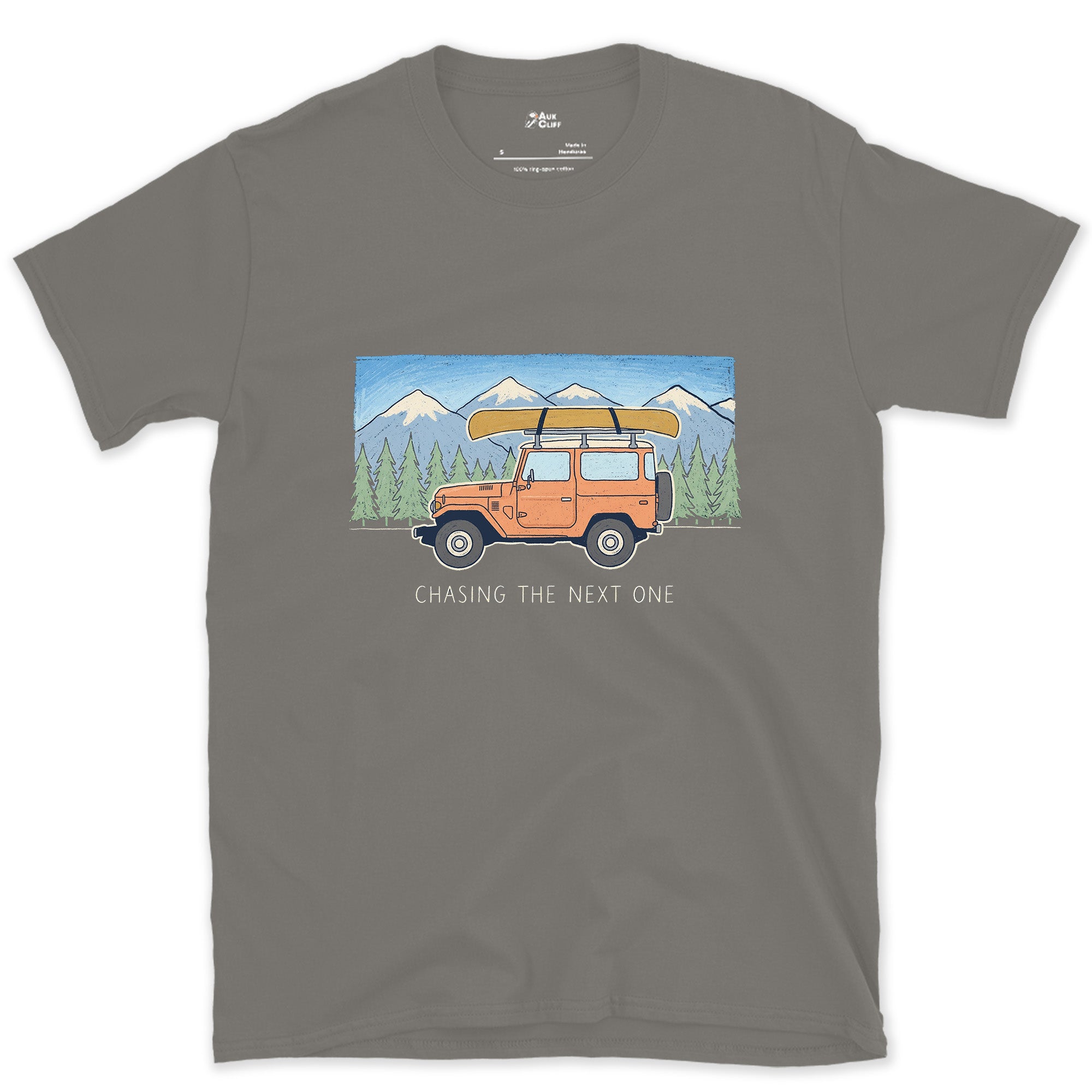 Chasing the Next One, Wagon With Canoe in Tow design on a Charcoal Gildan Softstyle t-shirt