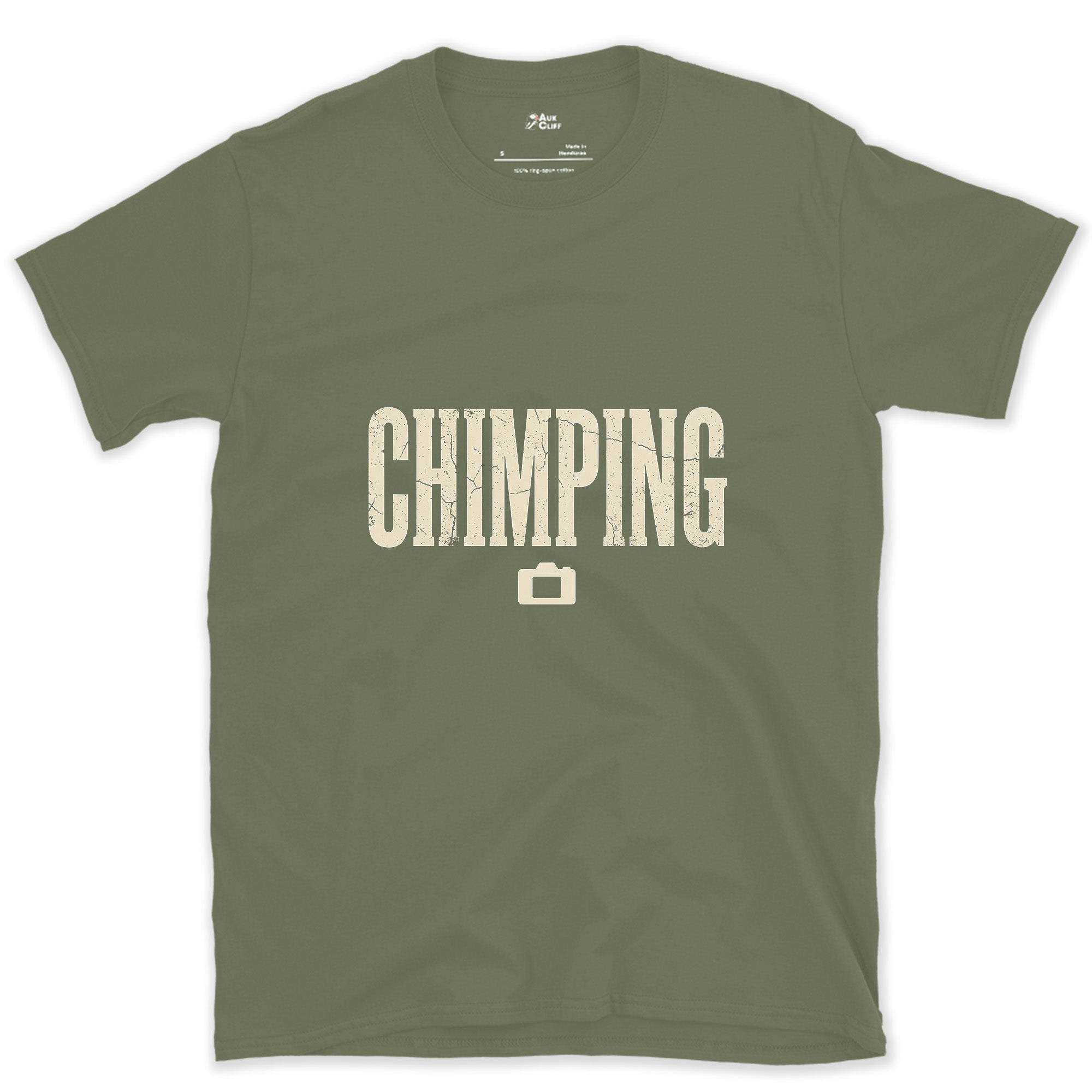 Chimping, Checking the Camera Screen design on a Military Green Gildan Softstyle t-shirt