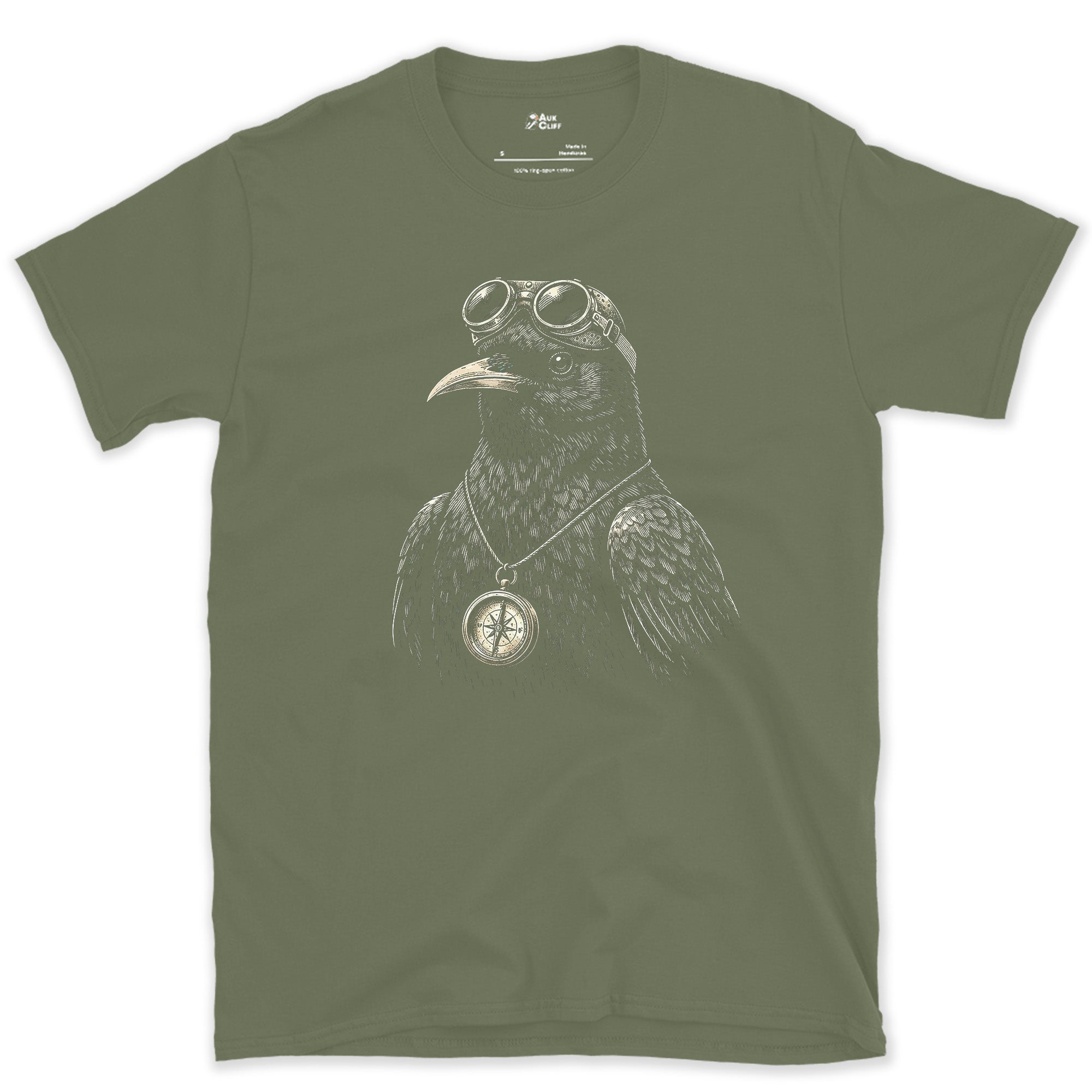 No Wings at Rest, Climbing Chough design on a Military Green Gildan Softstyle t-shirt