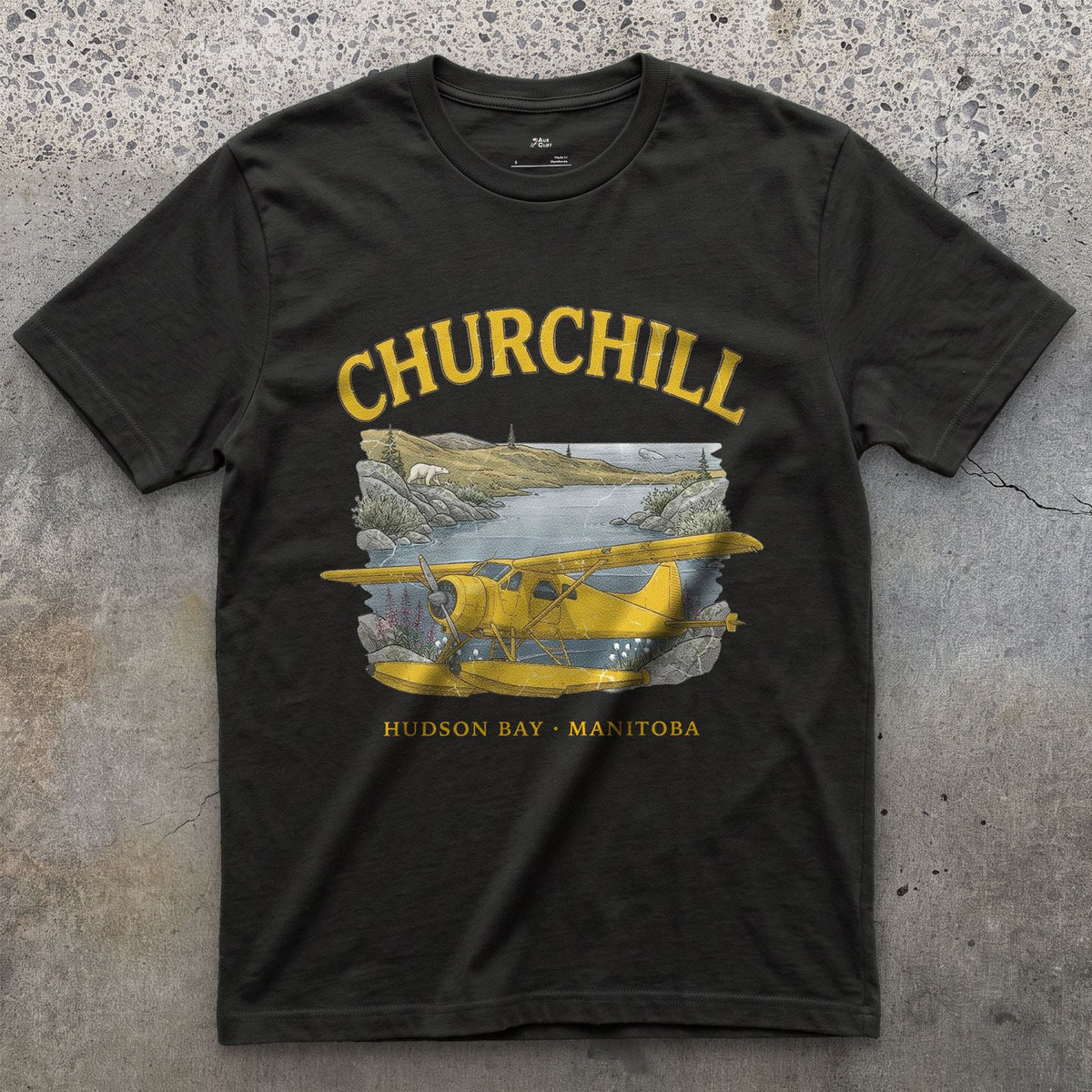 Churchill Bush Plane design on a Black Gildan Softstyle t-shirt