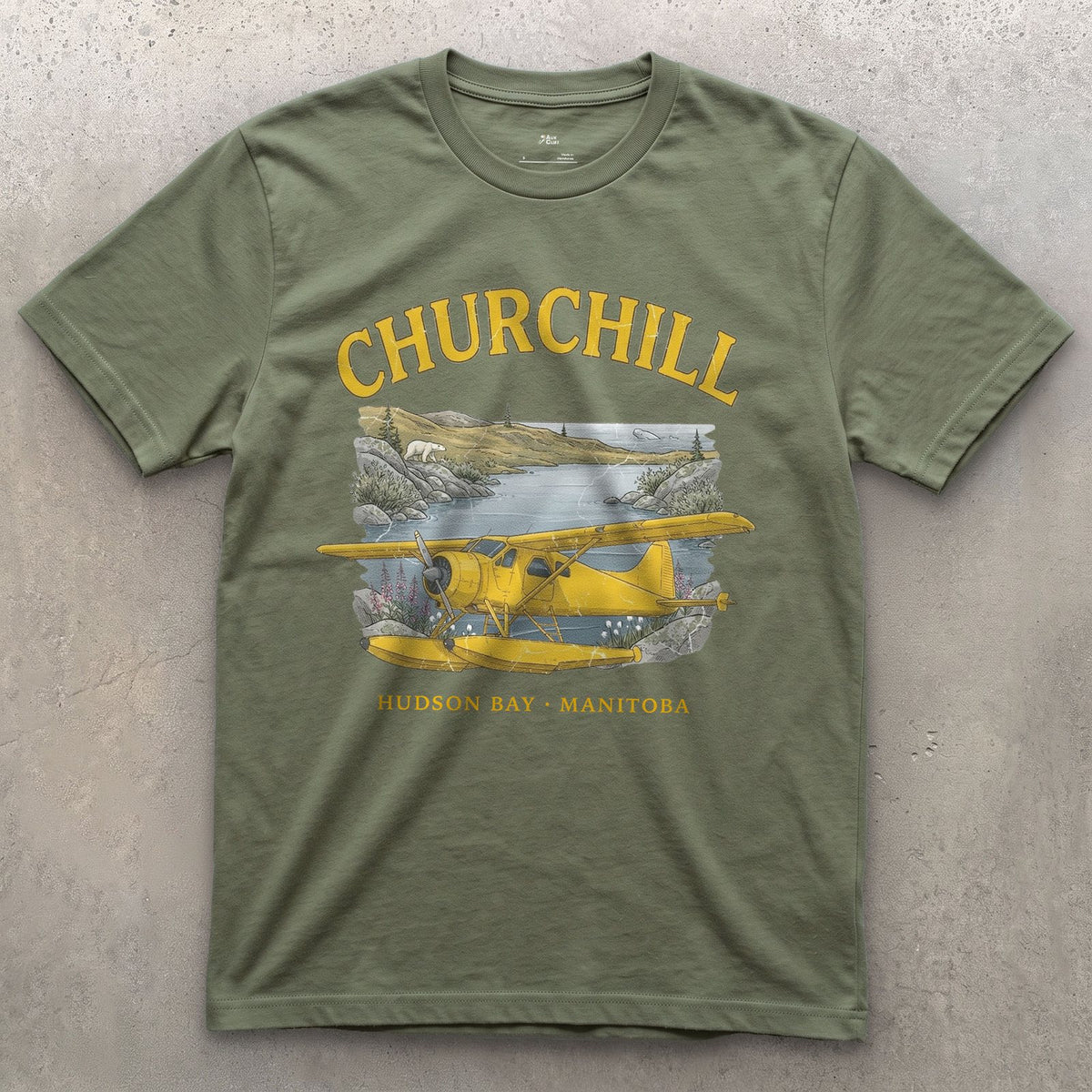 Churchill Bush Plane design on a Military Green Gildan Softstyle t-shirt
