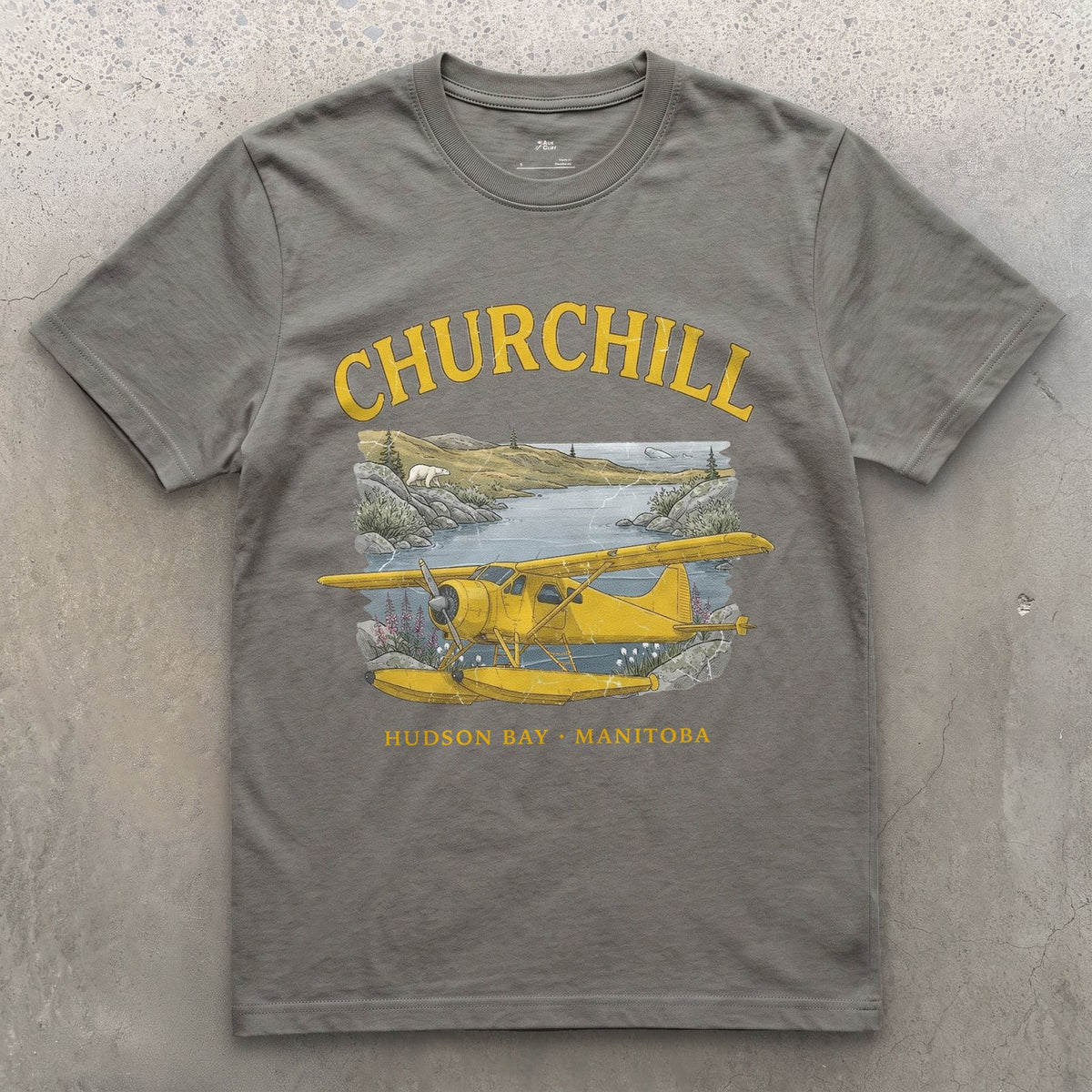 Churchill Bush Plane design on a Charcoal Gildan Softstyle t-shirt