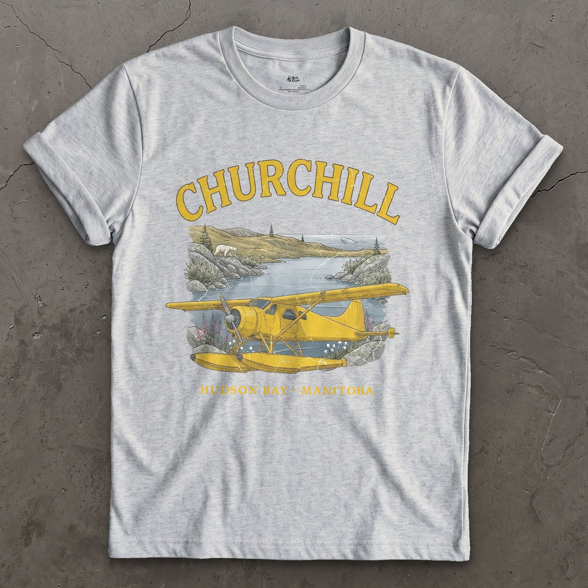Churchill Bush Plane design on a Sport Grey Gildan Softstyle t-shirt