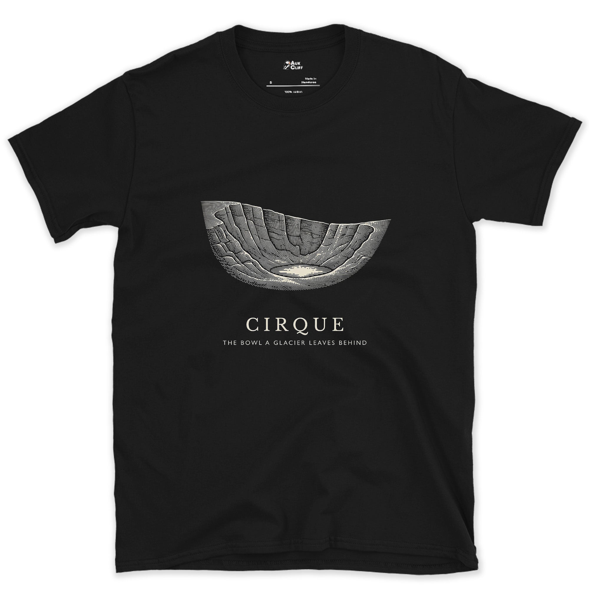 Cirque, the Bowl a Glacier Leaves Behind design on a Black Gildan Softstyle t-shirt