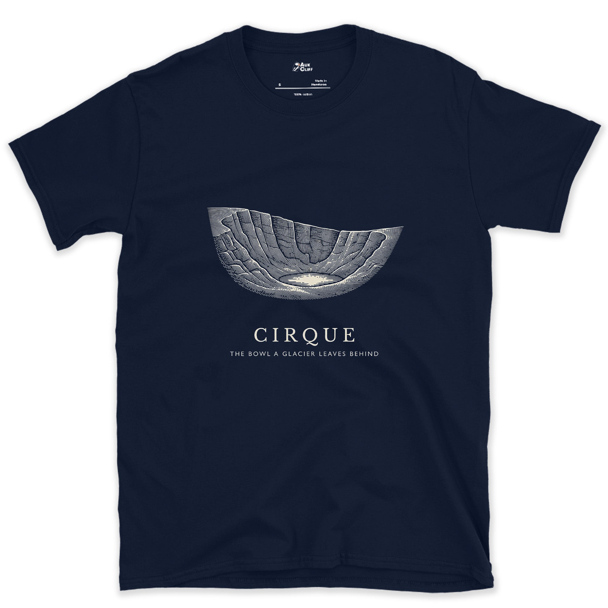 Cirque, the Bowl a Glacier Leaves Behind design on a Navy Gildan Softstyle t-shirt