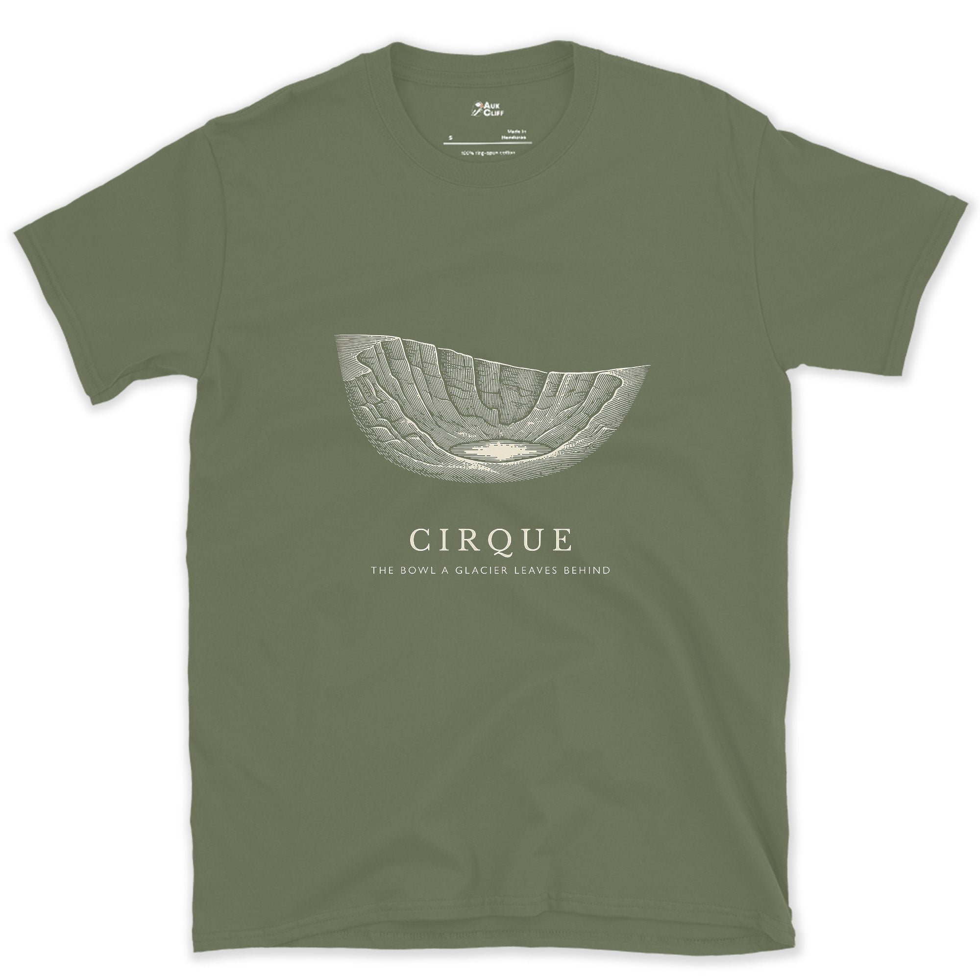 Cirque, the Bowl a Glacier Leaves Behind design on a Military Green Gildan Softstyle t-shirt