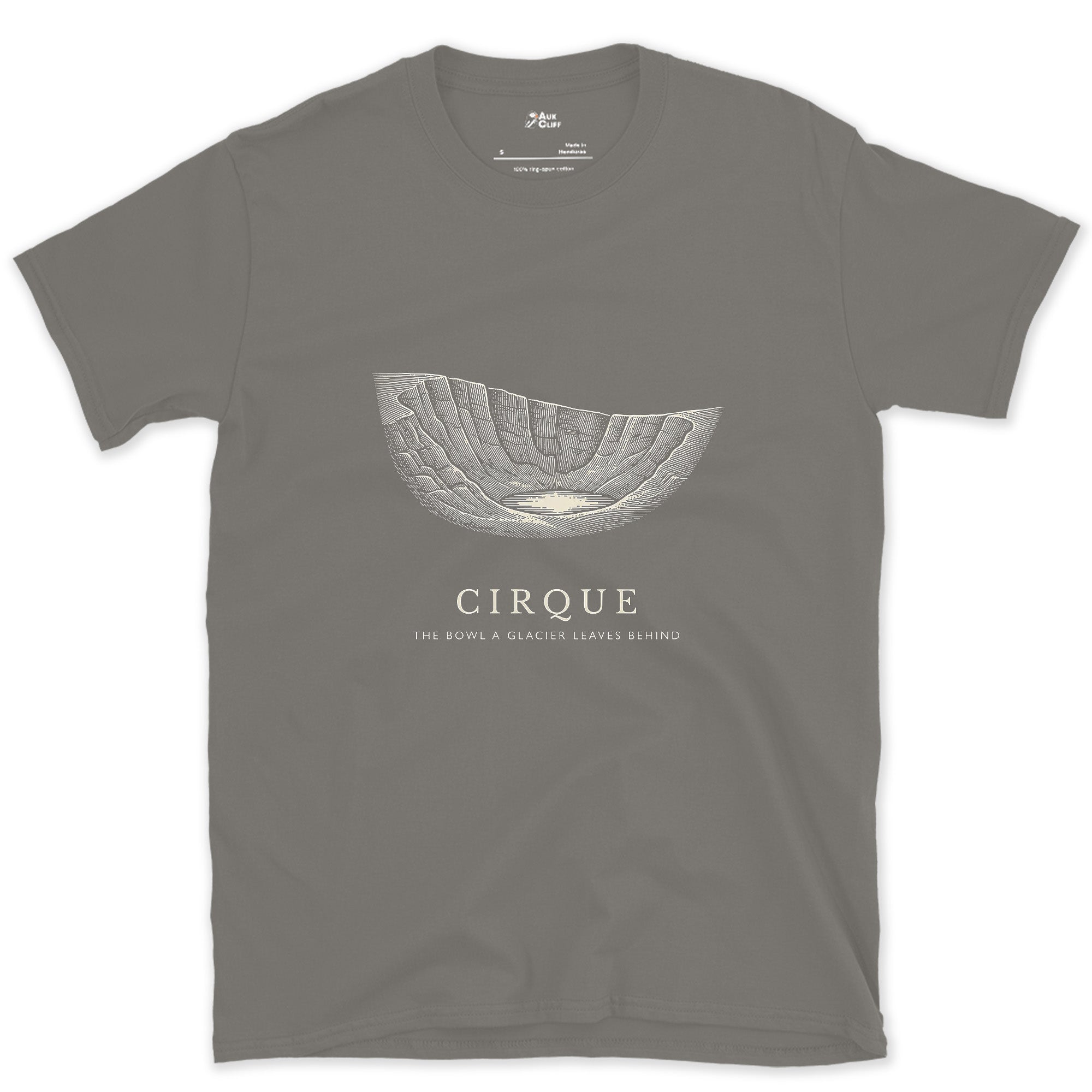 Cirque, the Bowl a Glacier Leaves Behind design on a Charcoal Gildan Softstyle t-shirt