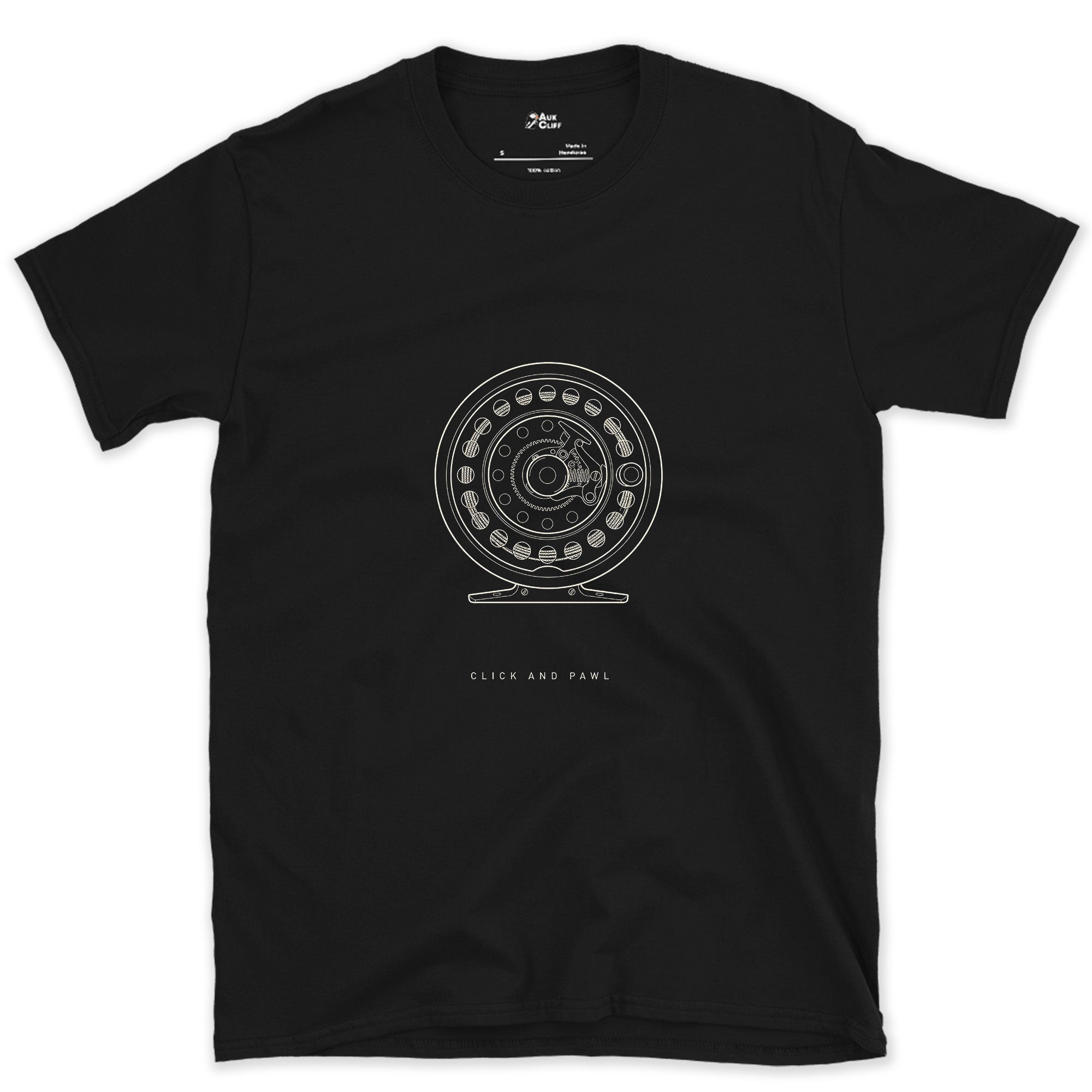 Click and Pawl Fly Reel design on a Black Gildan Softstyle t-shirt