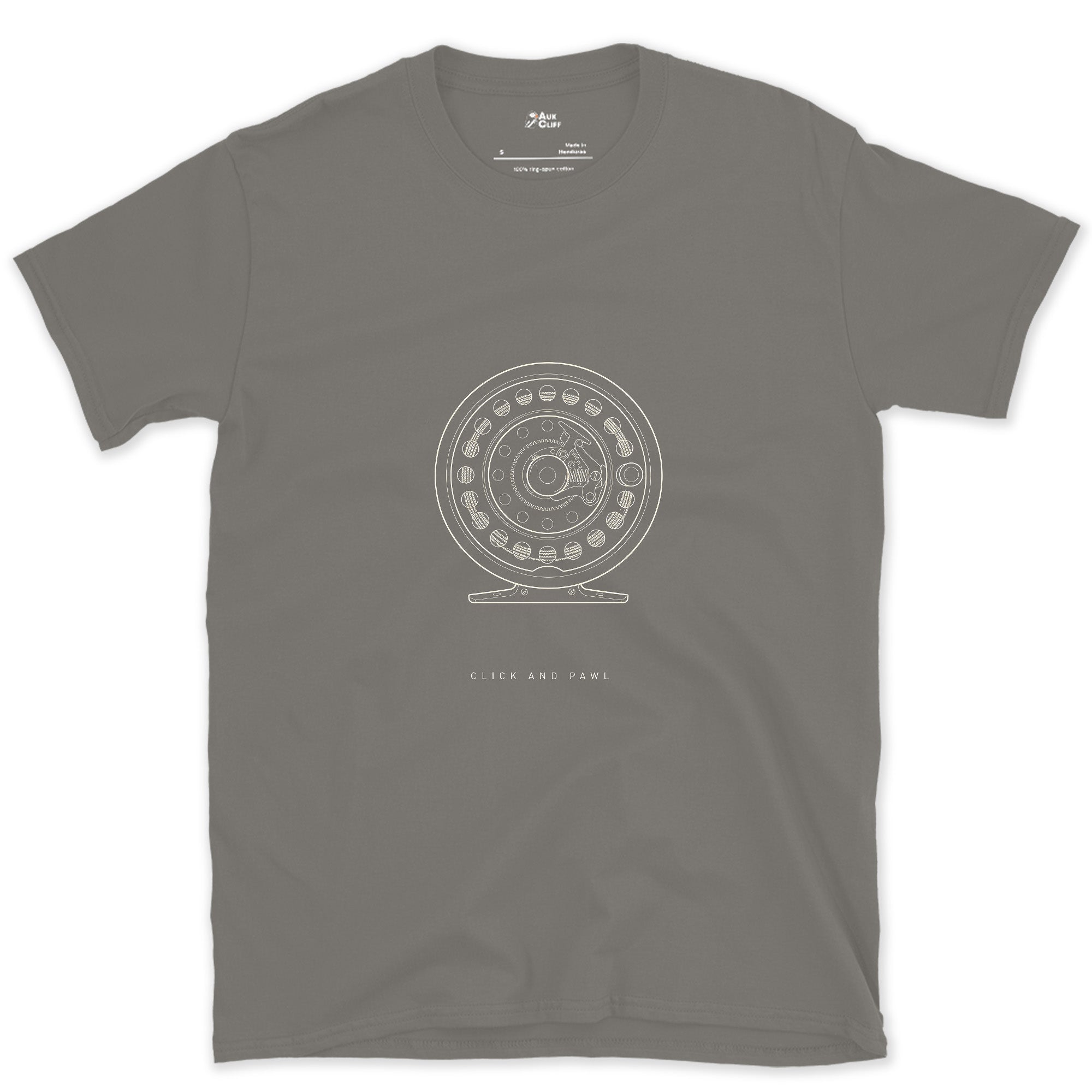 Click and Pawl Fly Reel design on a Charcoal Gildan Softstyle t-shirt