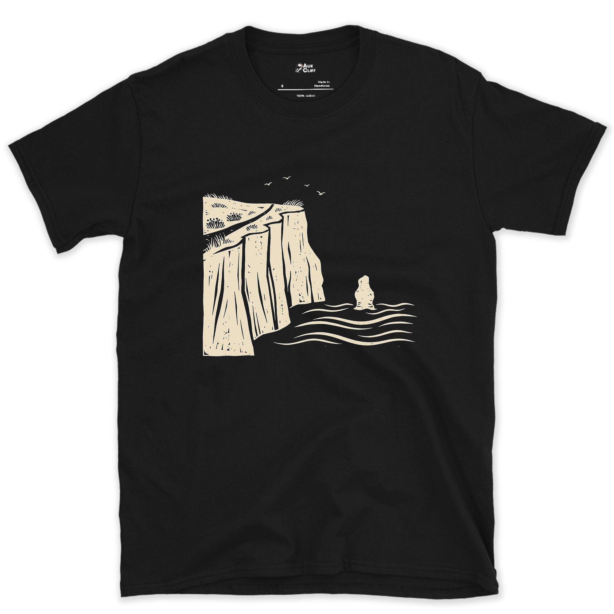 A Ledge on the Cliff Path Above the Waves and Gulls design on a Black Gildan Softstyle t-shirt