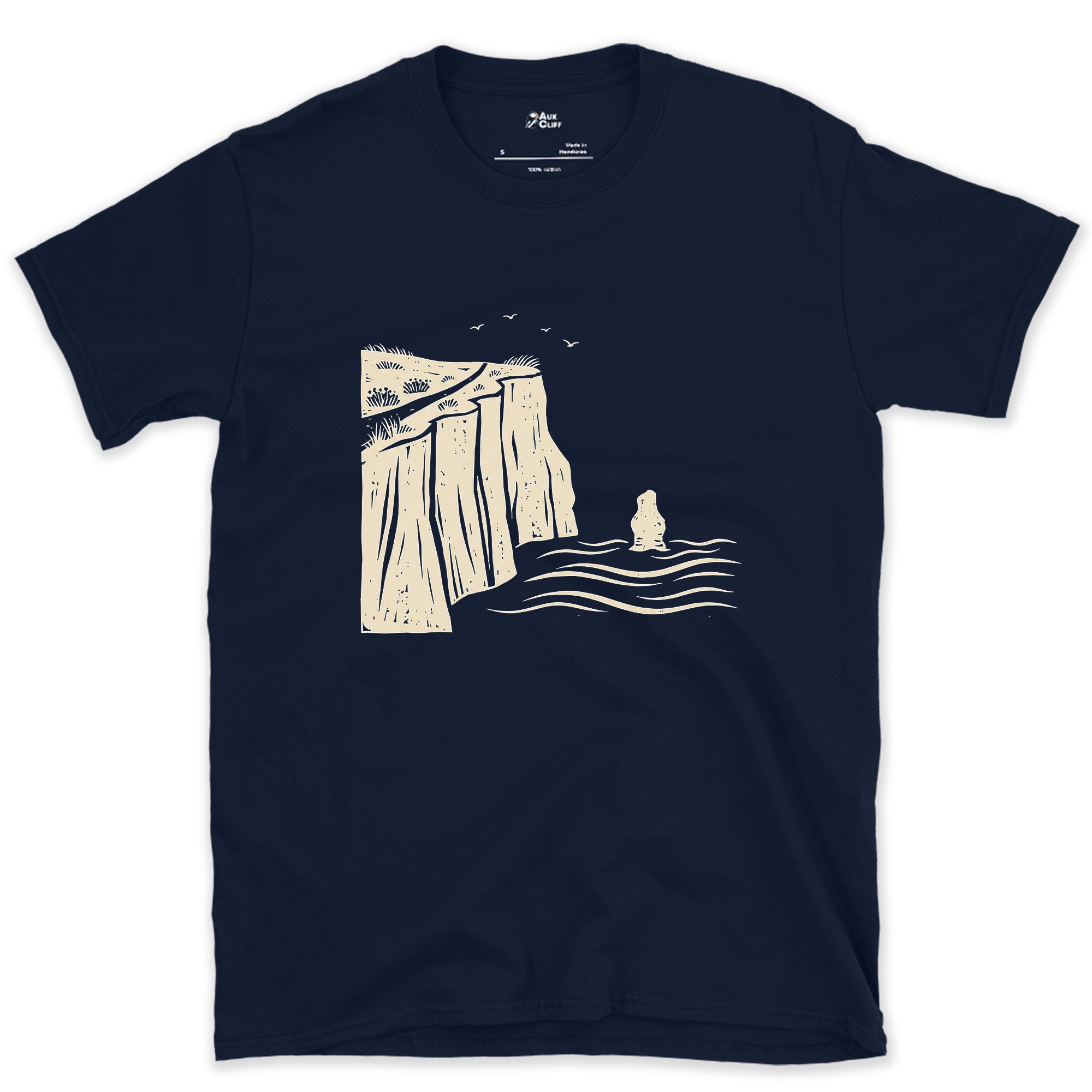 A Ledge on the Cliff Path Above the Waves and Gulls design on a Navy Gildan Softstyle t-shirt
