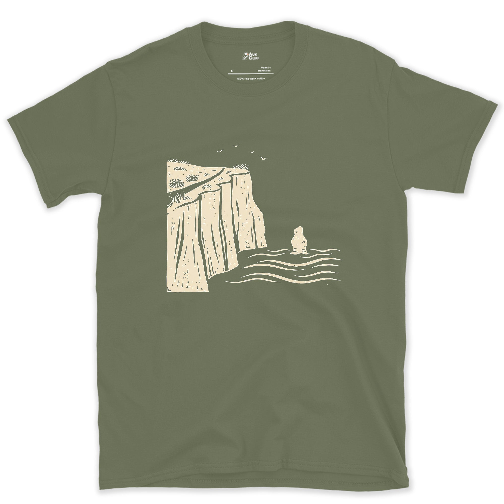 A Ledge on the Cliff Path Above the Waves and Gulls design on a Military Green Gildan Softstyle t-shirt