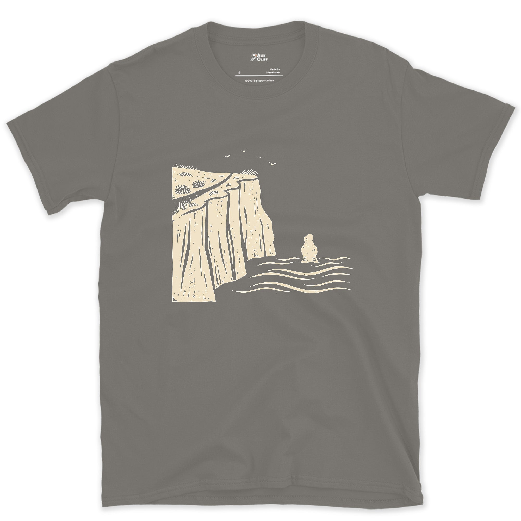 A Ledge on the Cliff Path Above the Waves and Gulls design on a Charcoal Gildan Softstyle t-shirt