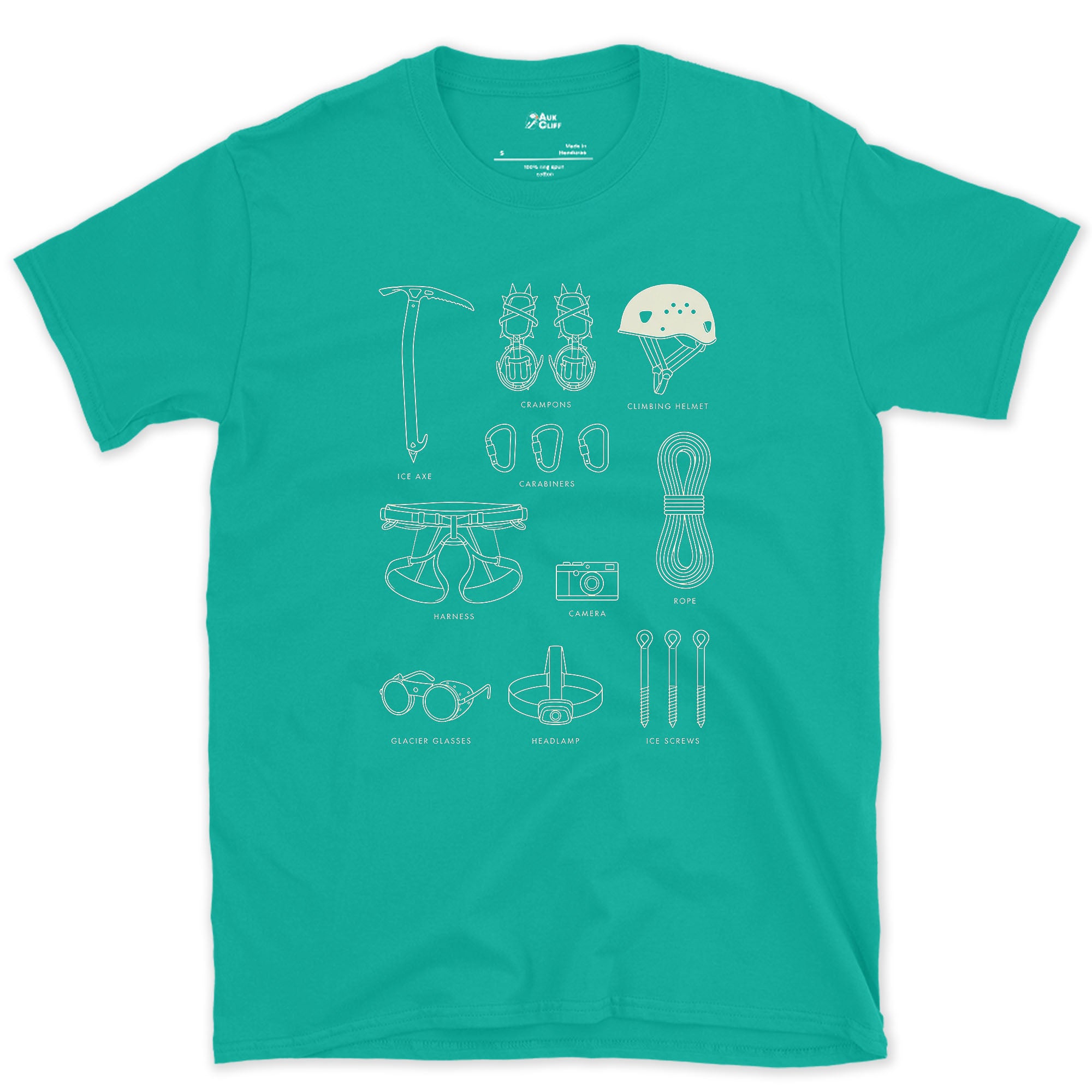 Checks the Climbing Kit Twice Before the Route design on a Jade Dome Gildan Softstyle t-shirt