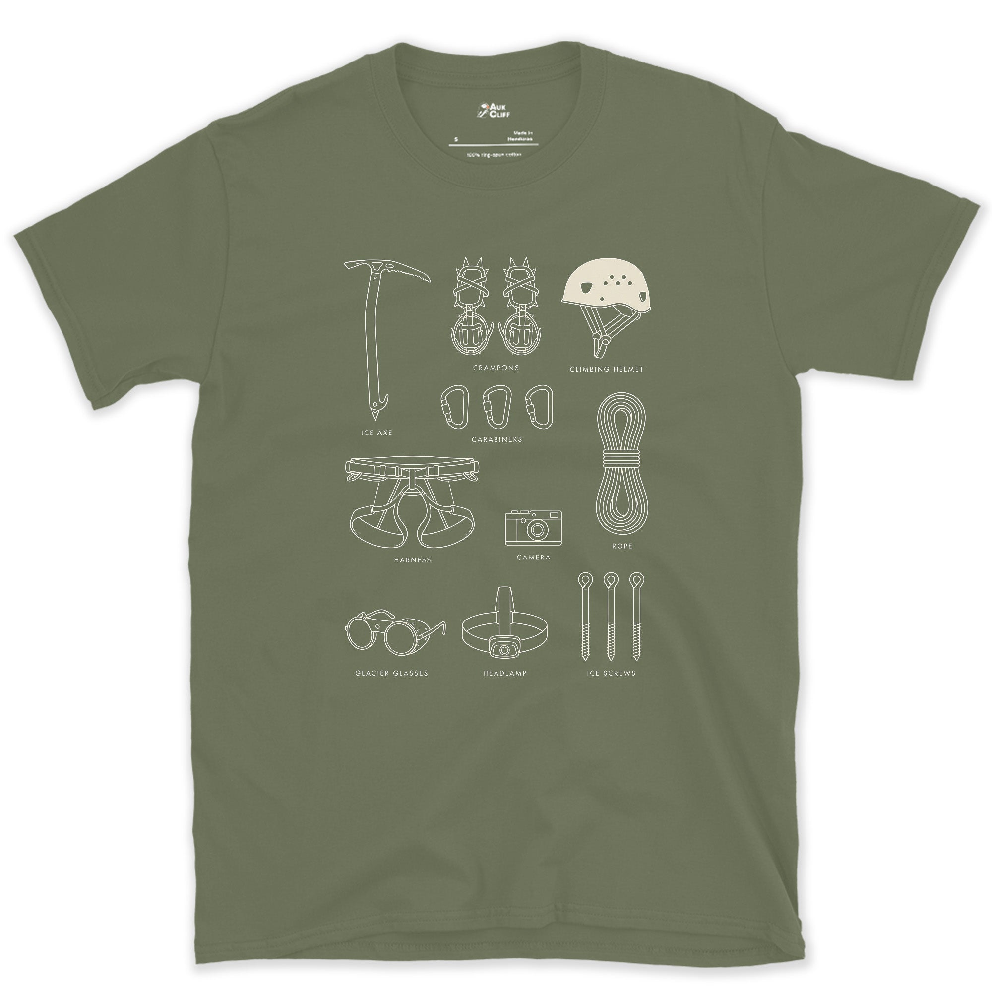 Checks the Climbing Kit Twice Before the Route design on a Military Green Gildan Softstyle t-shirt