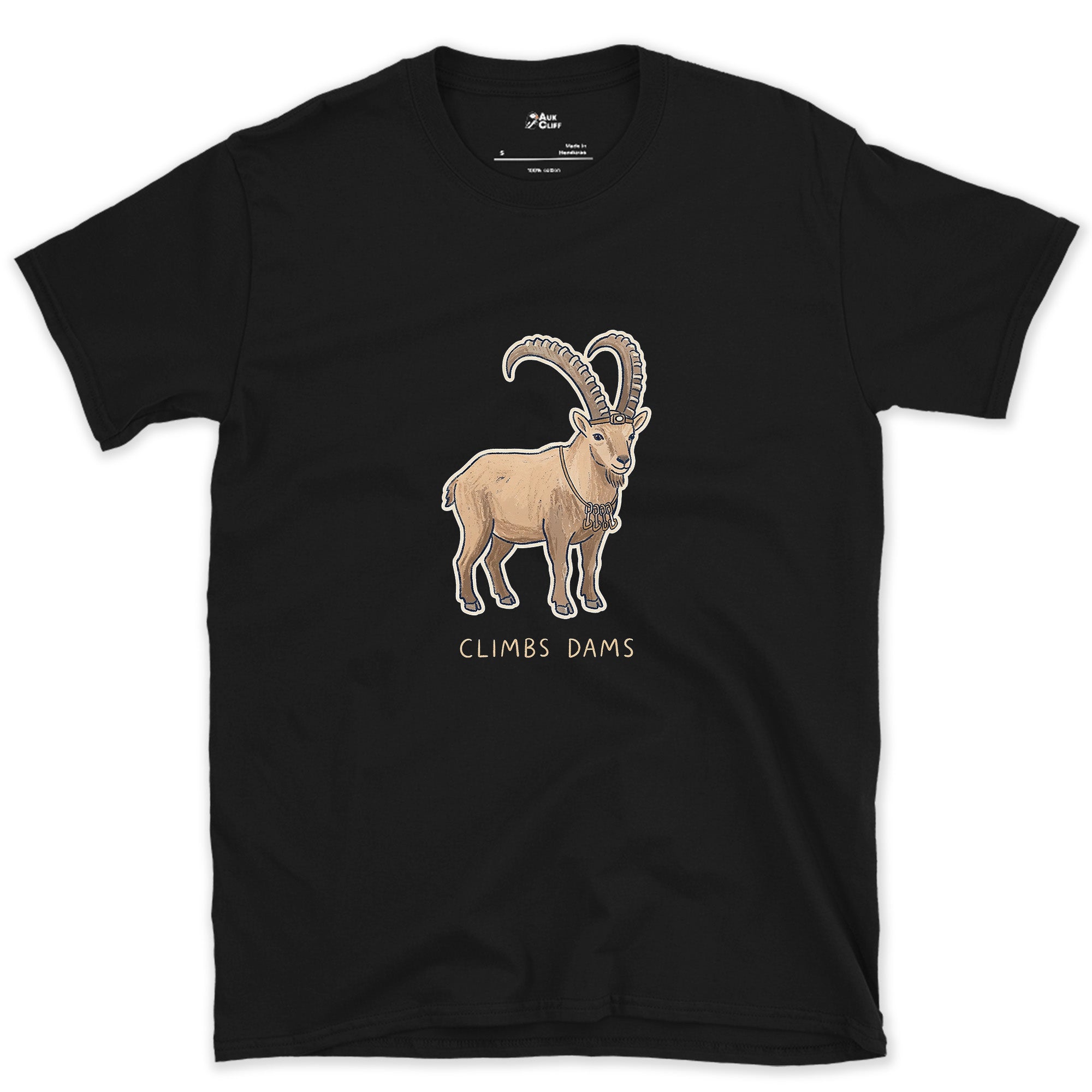 Climbs Dams, Ibex With Curved Horns design on a Black Gildan Softstyle t-shirt