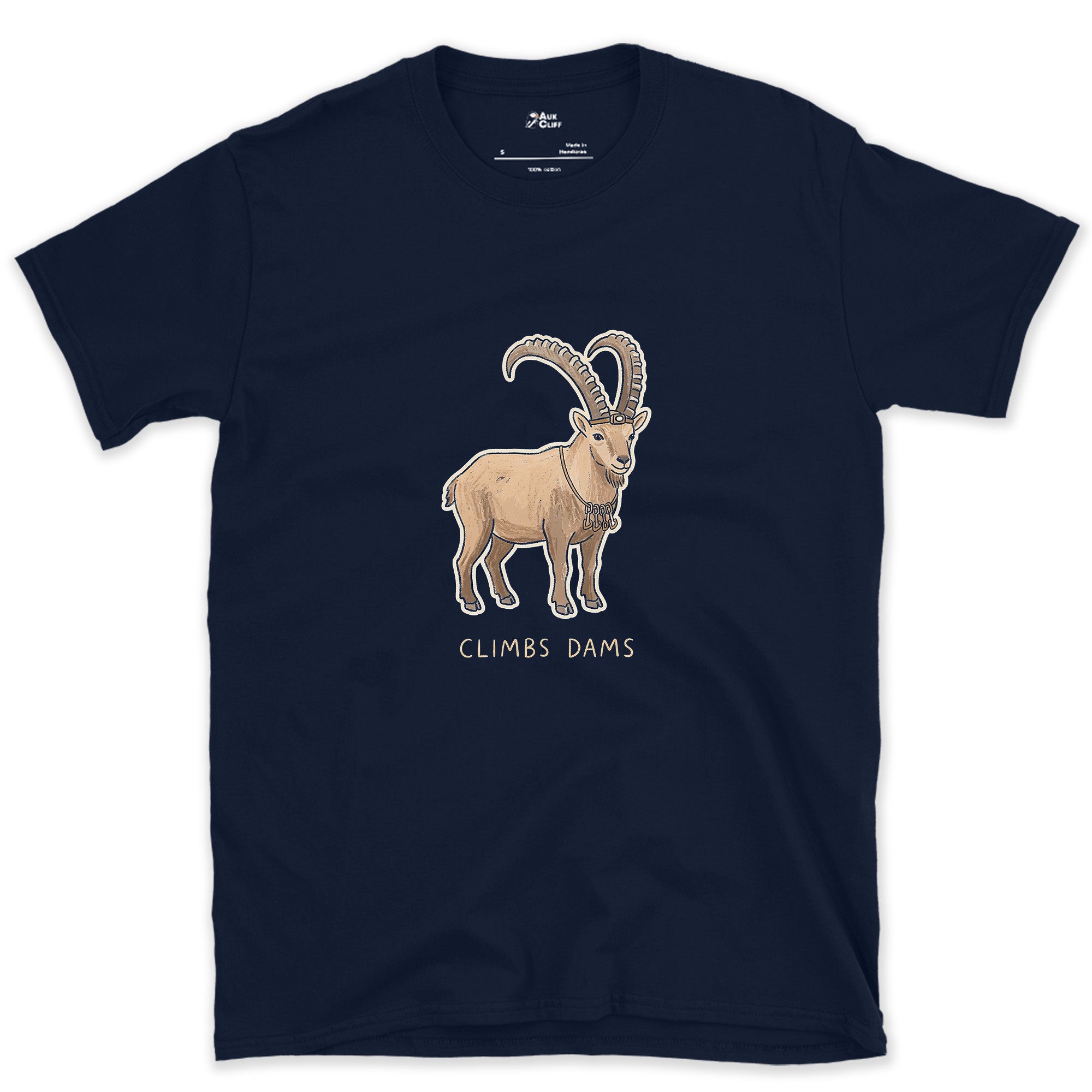 Climbs Dams, Ibex With Curved Horns design on a Navy Gildan Softstyle t-shirt