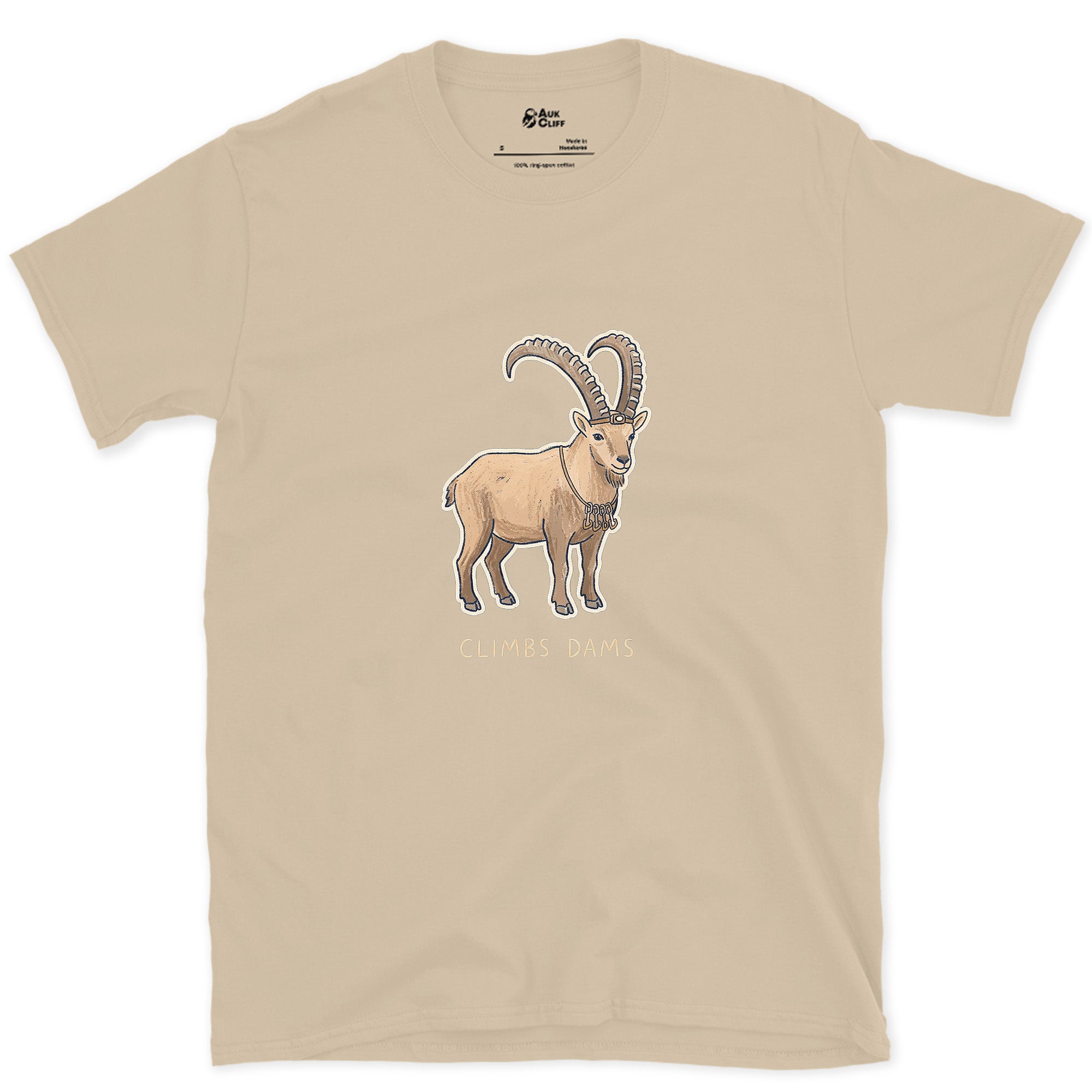 Climbs Dams, Ibex With Curved Horns design on a Sand Gildan Softstyle t-shirt