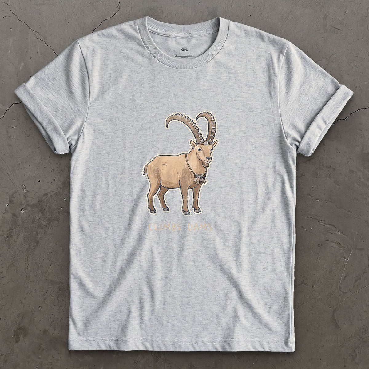 Climbs Dams, Ibex With Curved Horns design on a Sport Grey Gildan Softstyle t-shirt