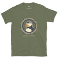 Close Focus on a Puffin design on a Military Green Gildan Softstyle t-shirt