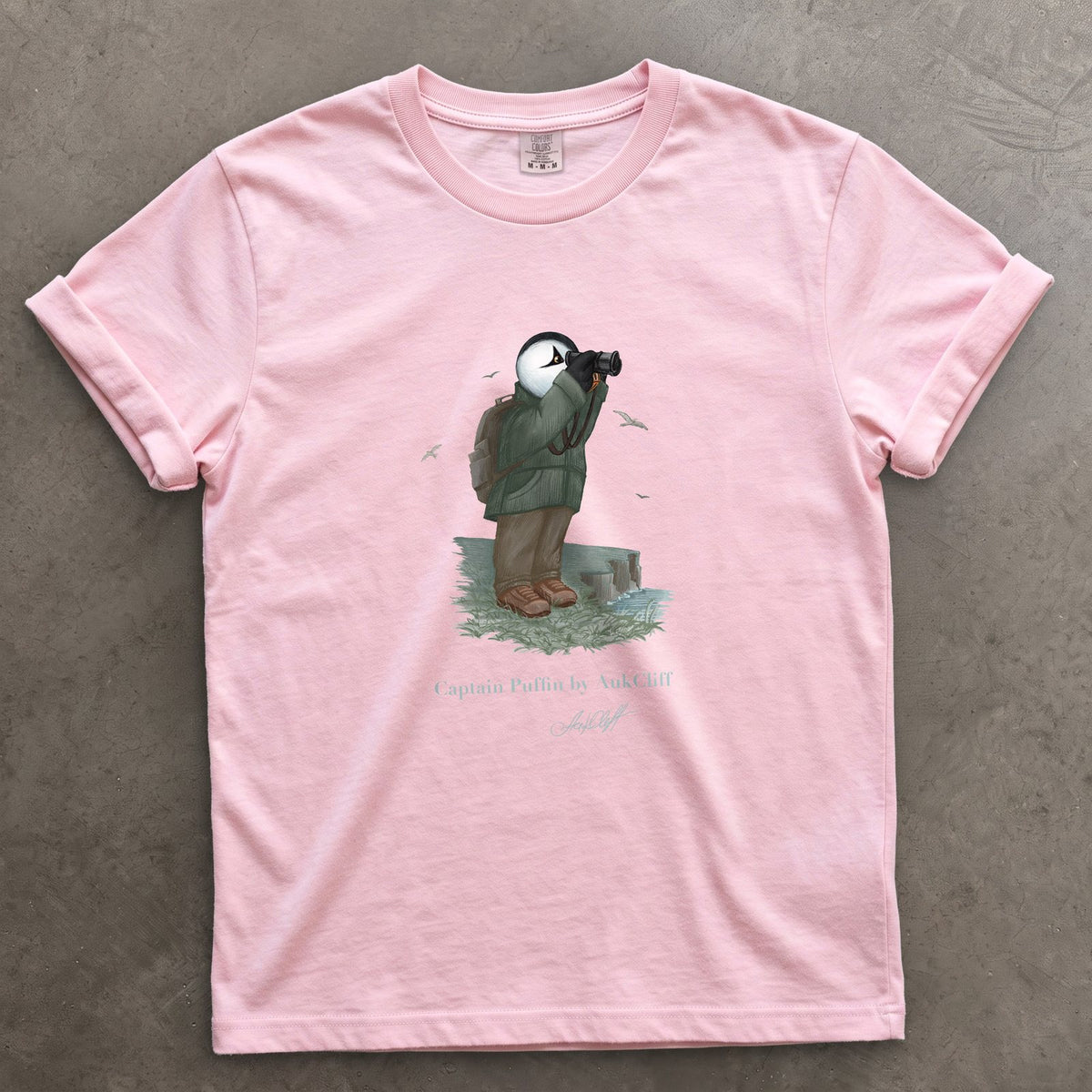 Captain Puffin Coastal Birder on a Blossom Comfort Colors t-shirt