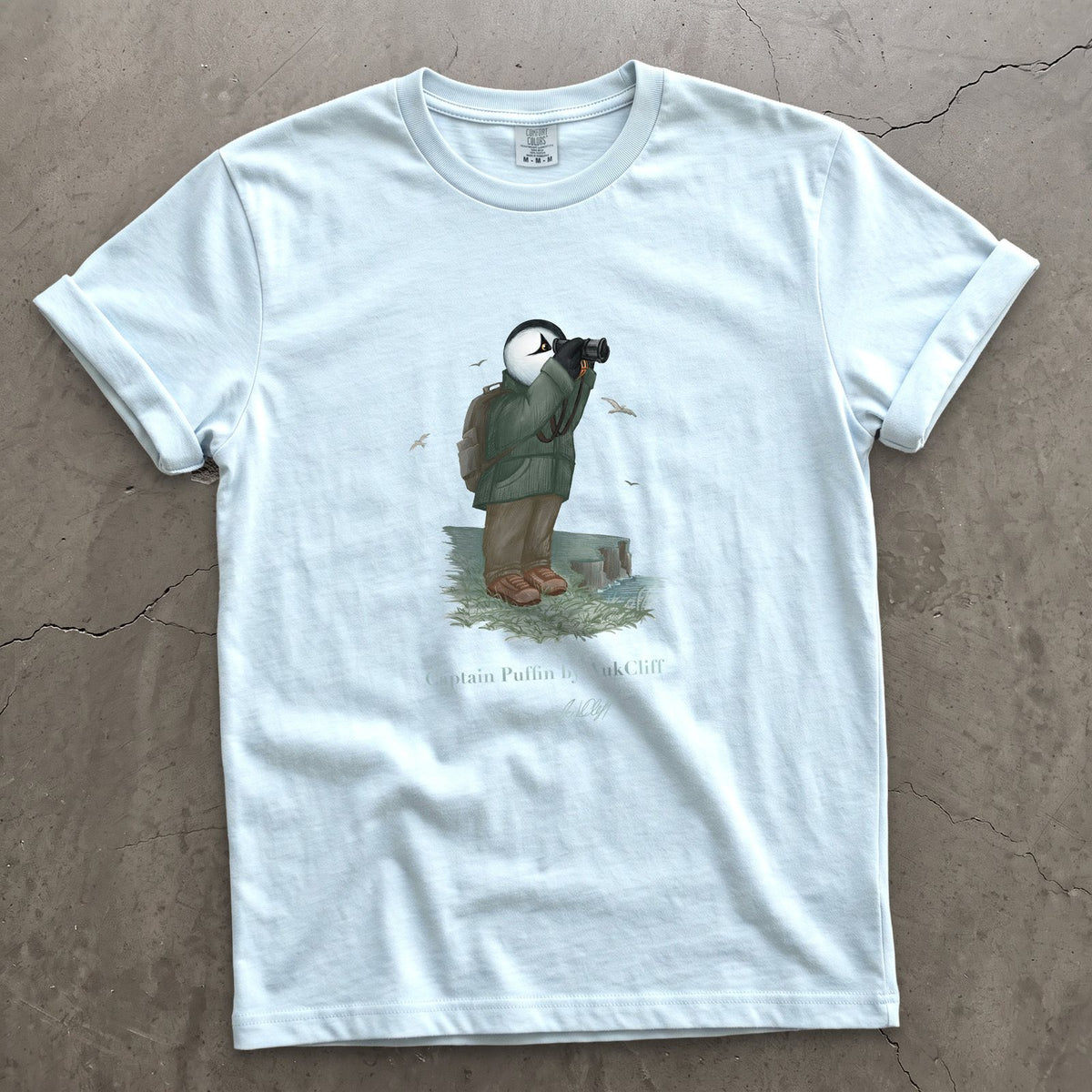 Captain Puffin Coastal Birder on a Chambray Comfort Colors t-shirt