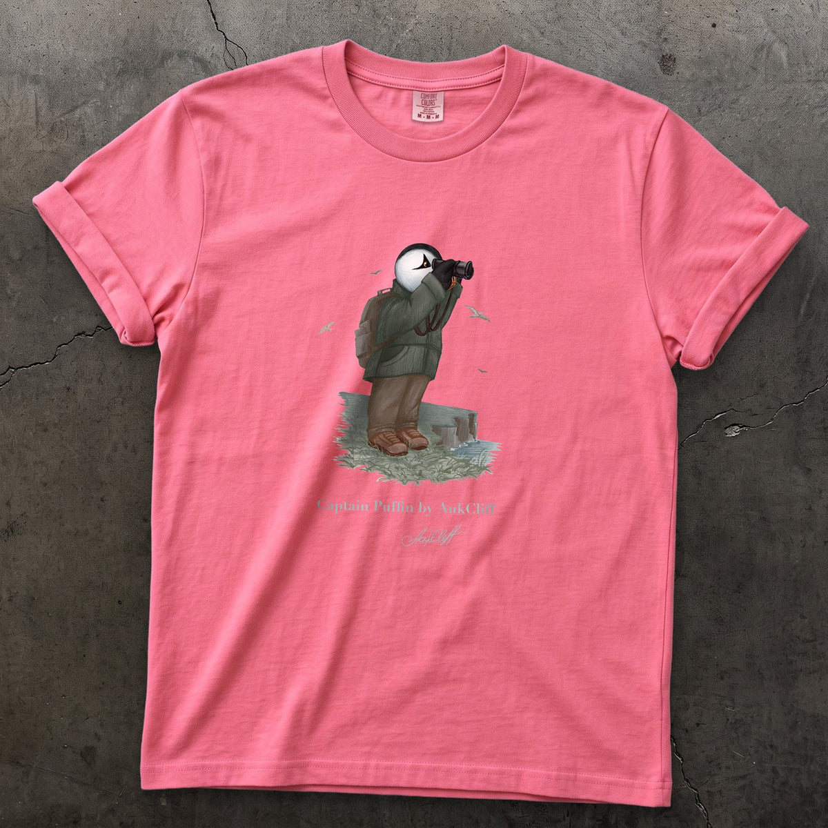Captain Puffin Coastal Birder on a Crunchberry Comfort Colors t-shirt